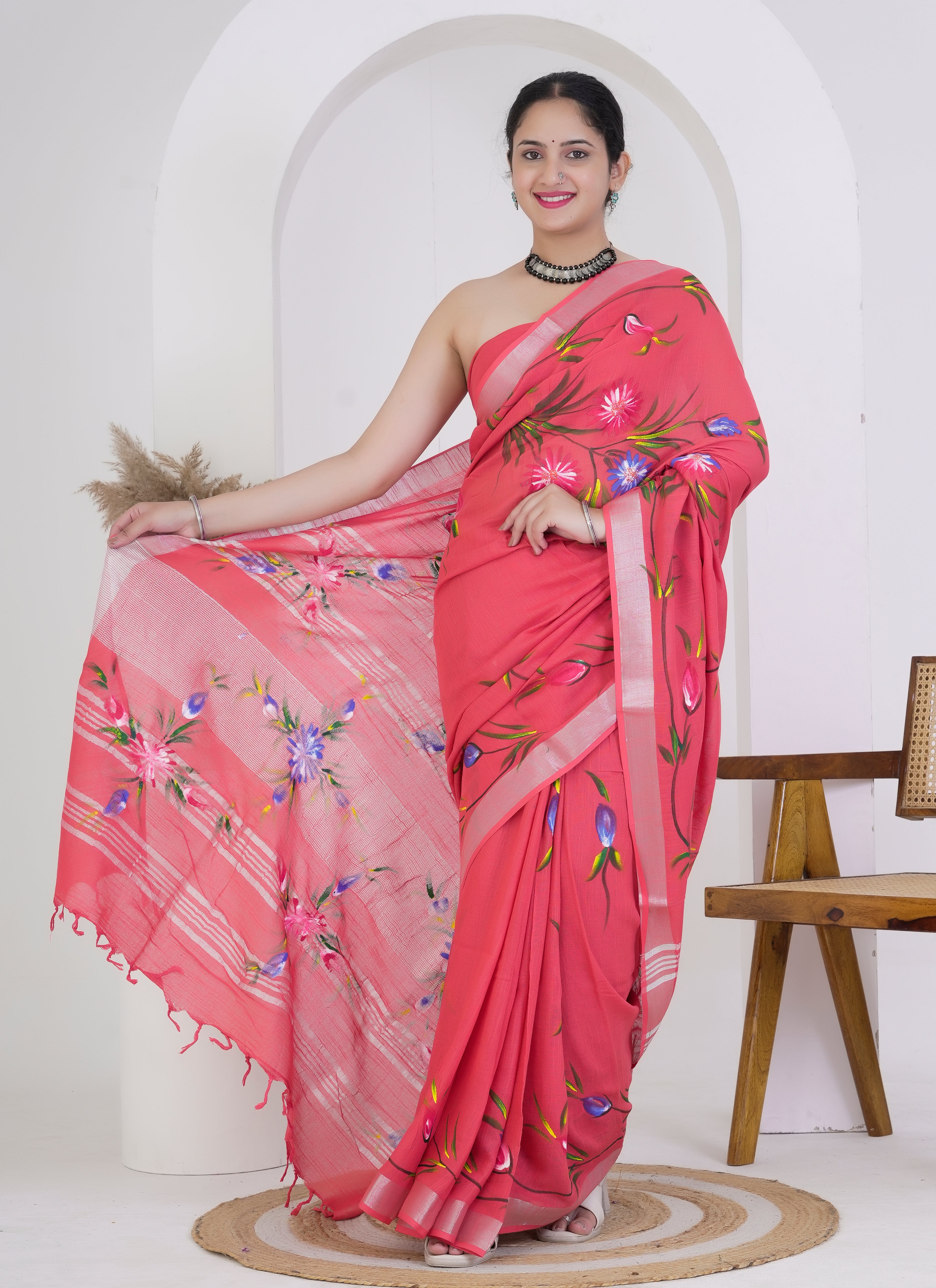 Coral Pink Pure Linen Saree