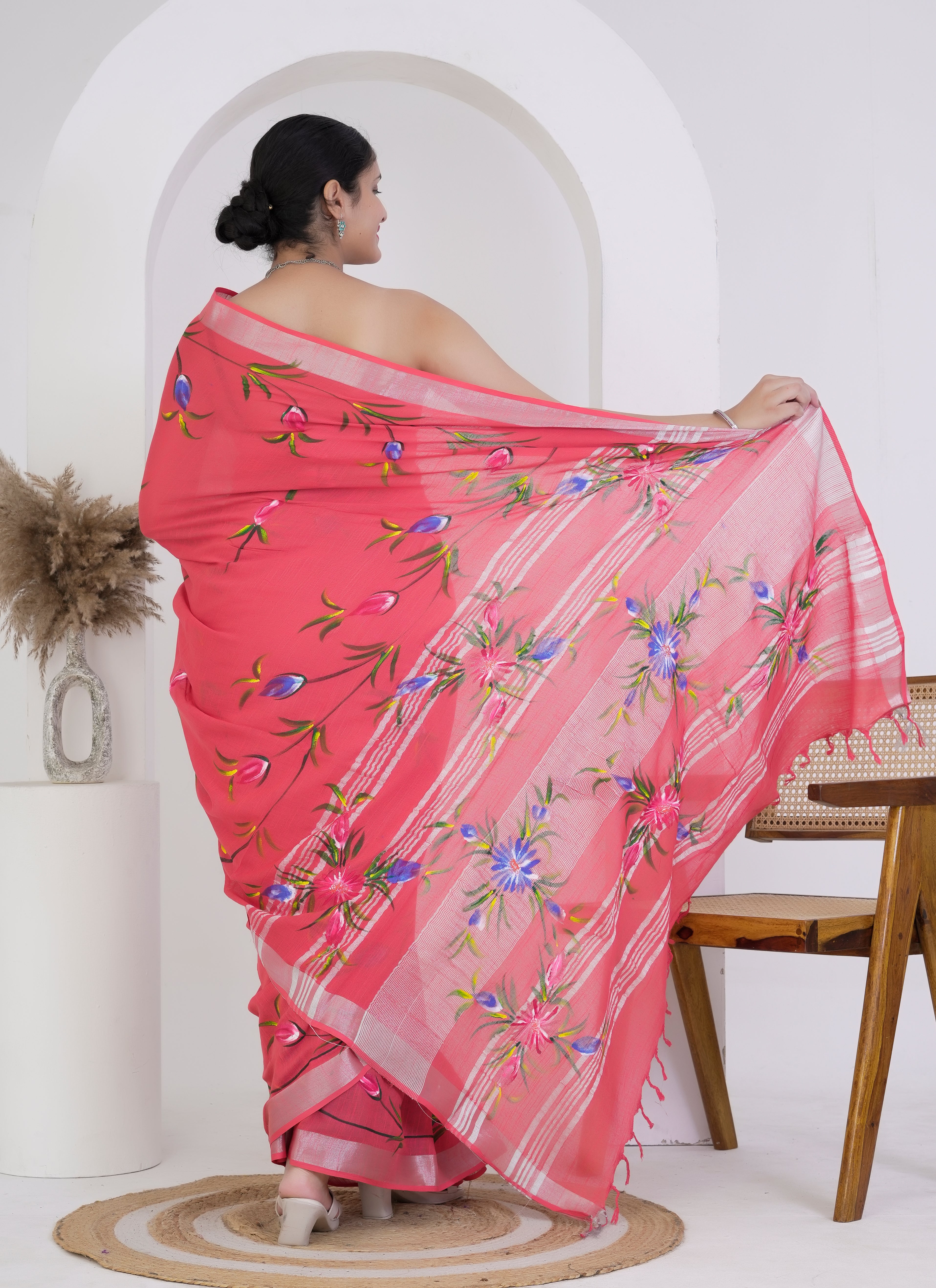 Coral Pink Pure Linen Saree