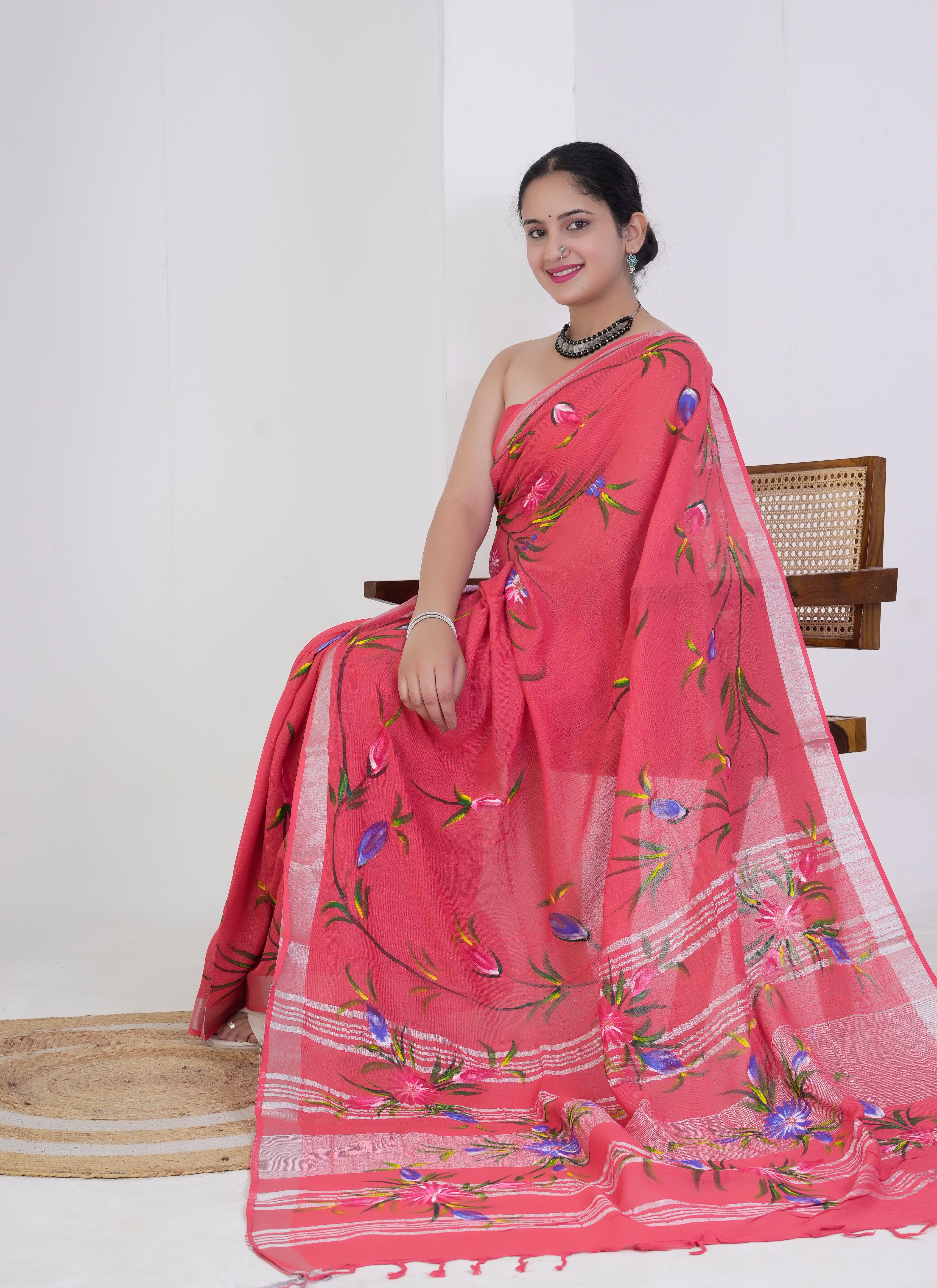 Coral Pink Pure Linen Saree