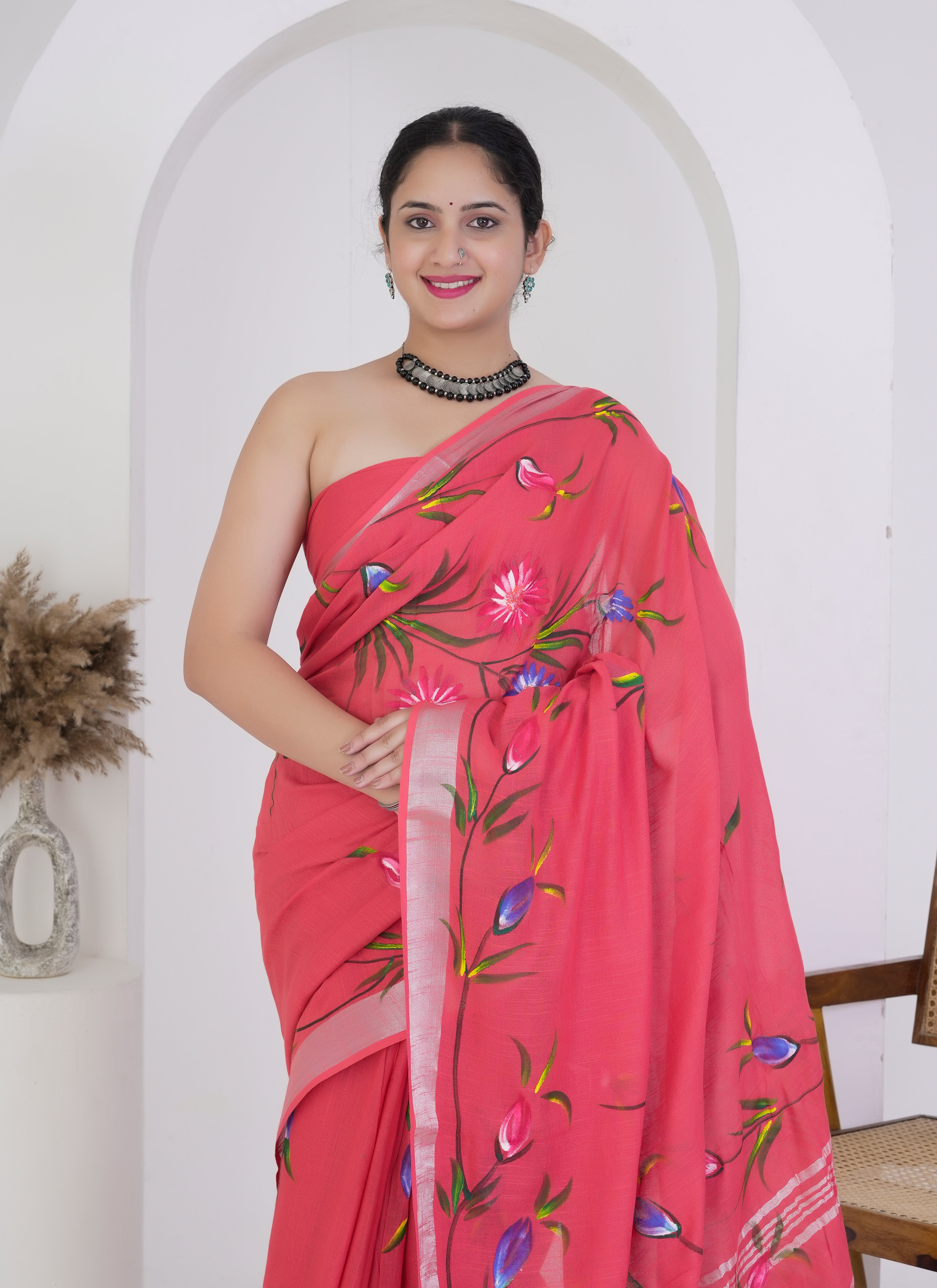 Coral Pink Pure Linen Saree