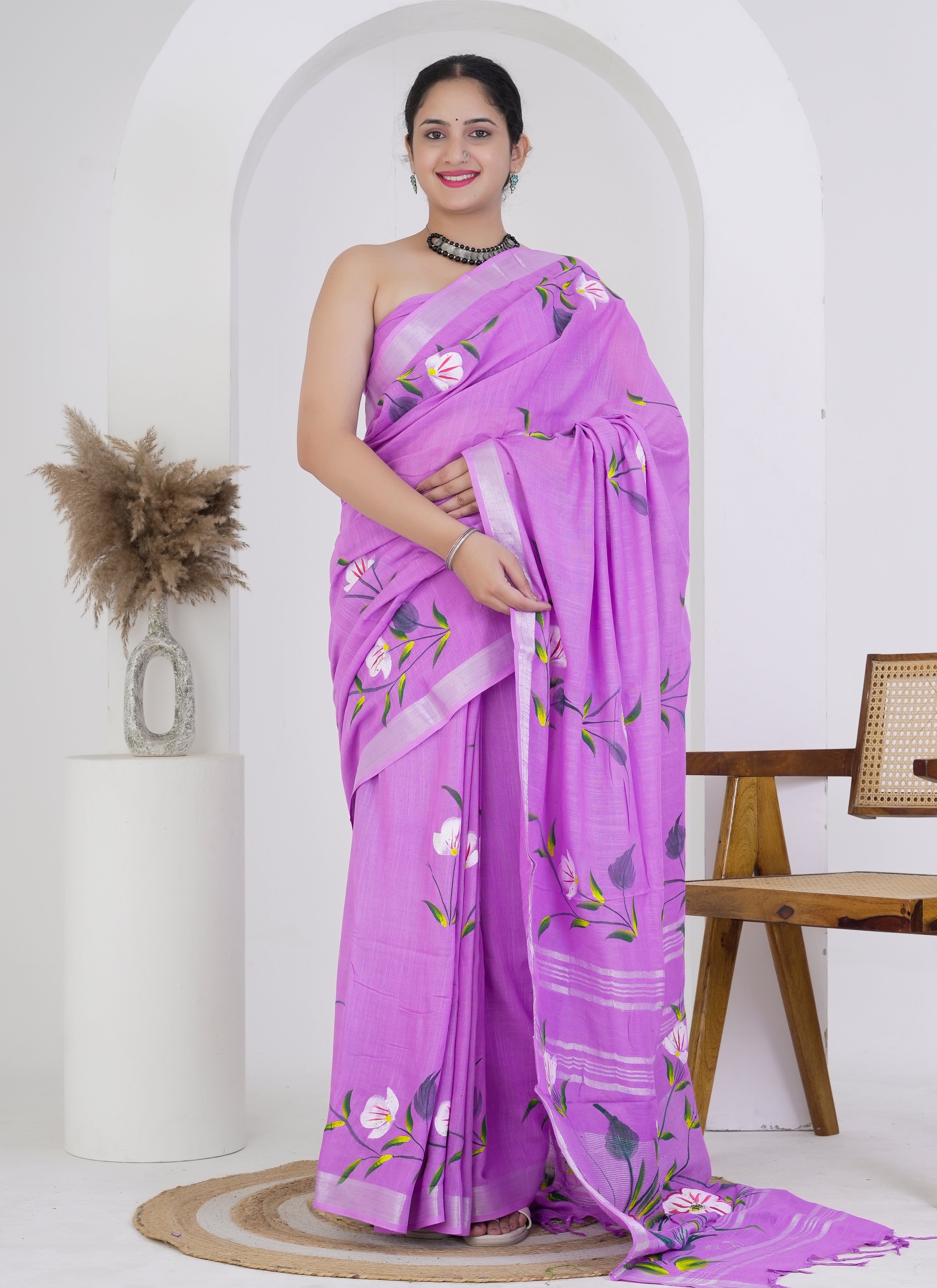 Lavender Pure Linen Saree
