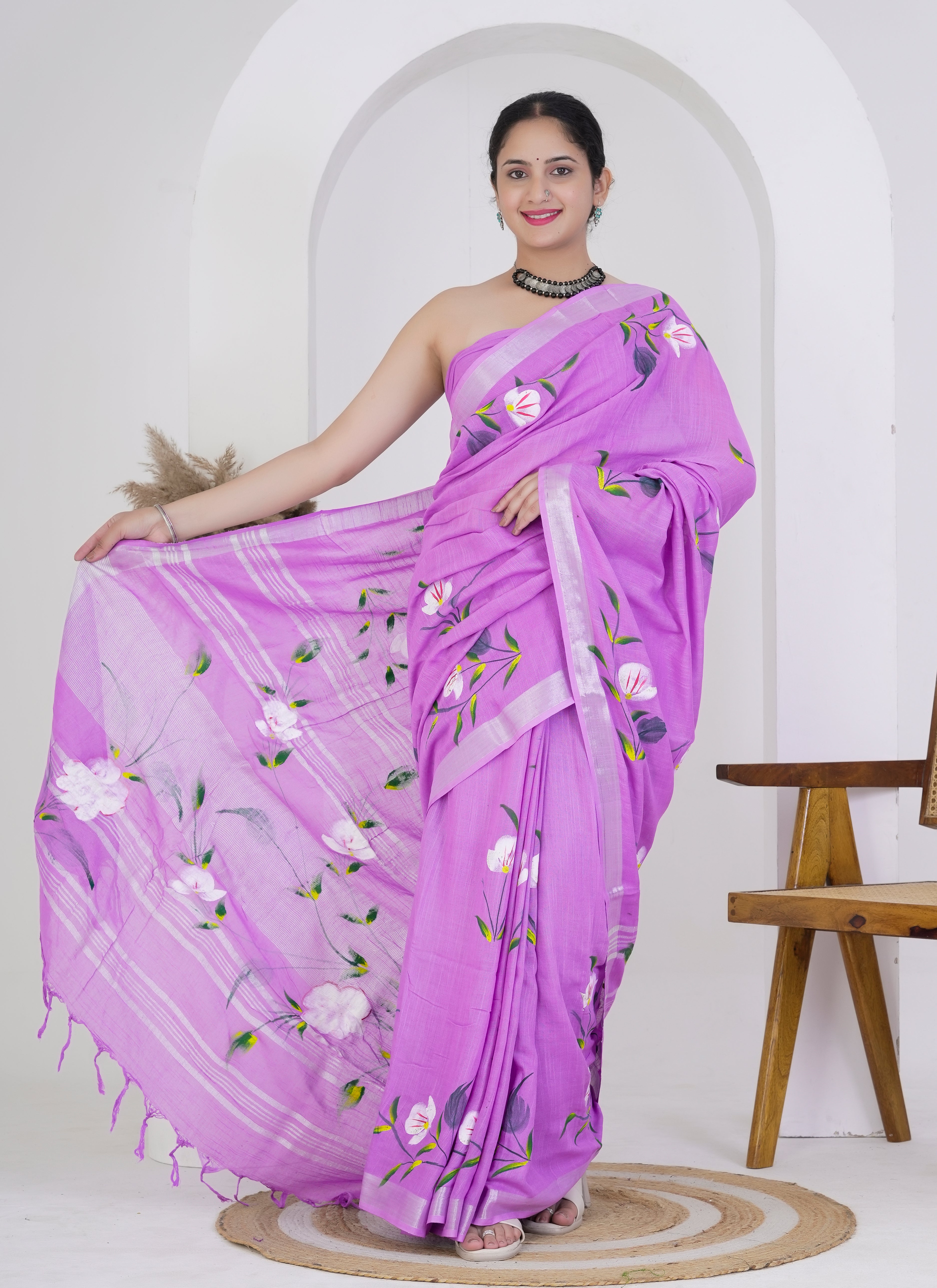 Lavender Pure Linen Saree