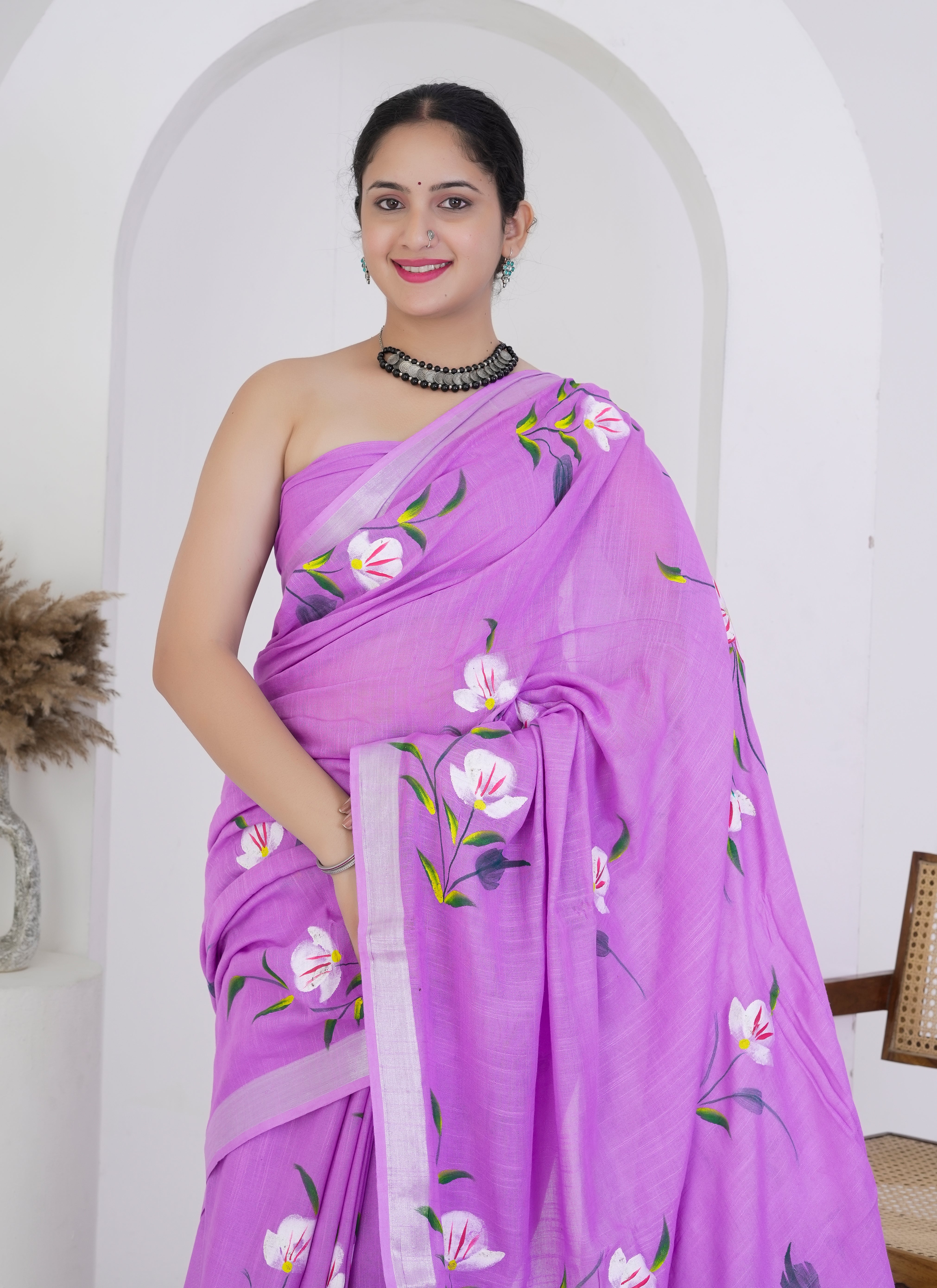 Lavender Pure Linen Saree