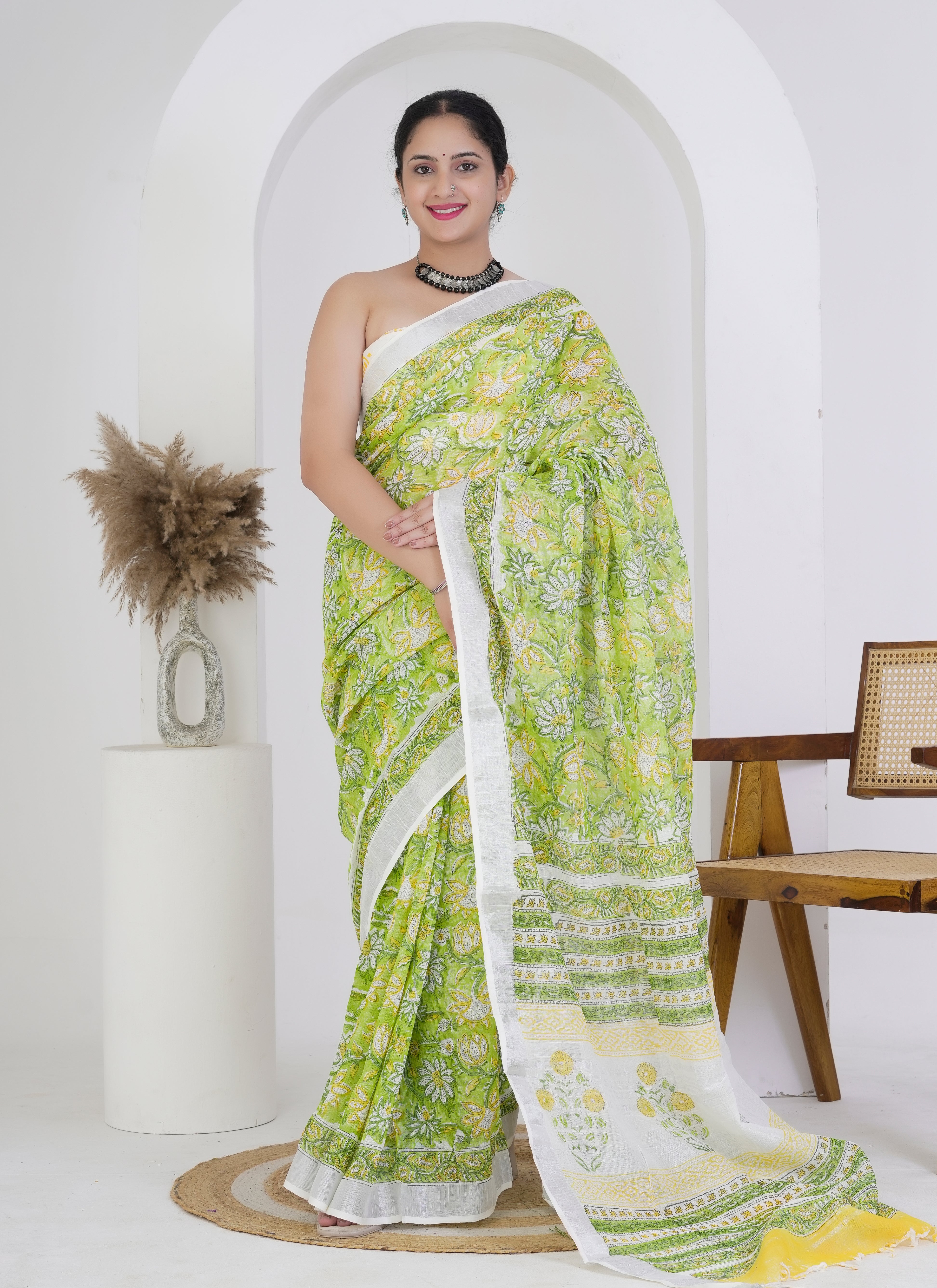 Lime Green Floral Printed Pure Linen Saree