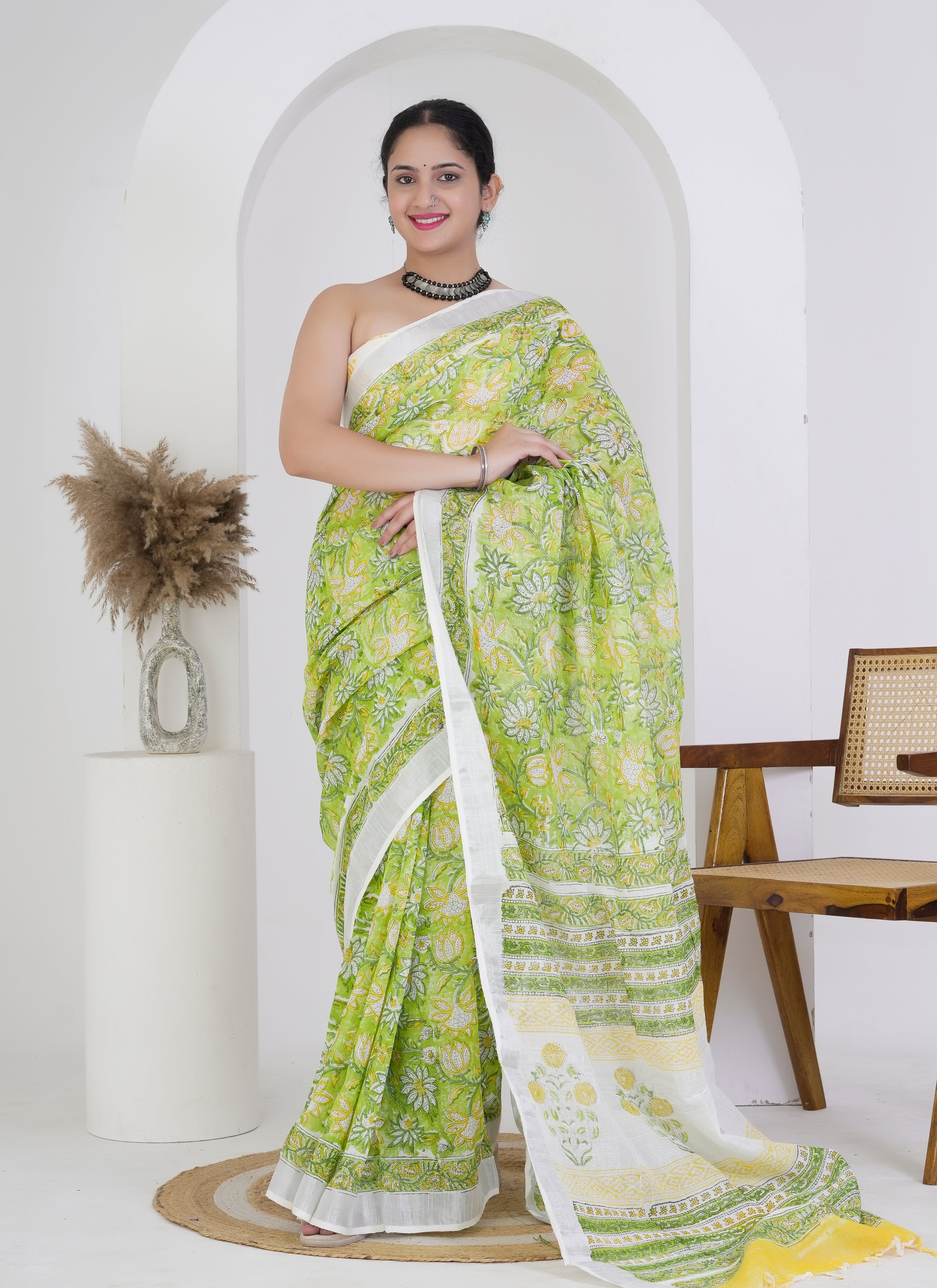 Lime Green Floral Printed Pure Linen Saree