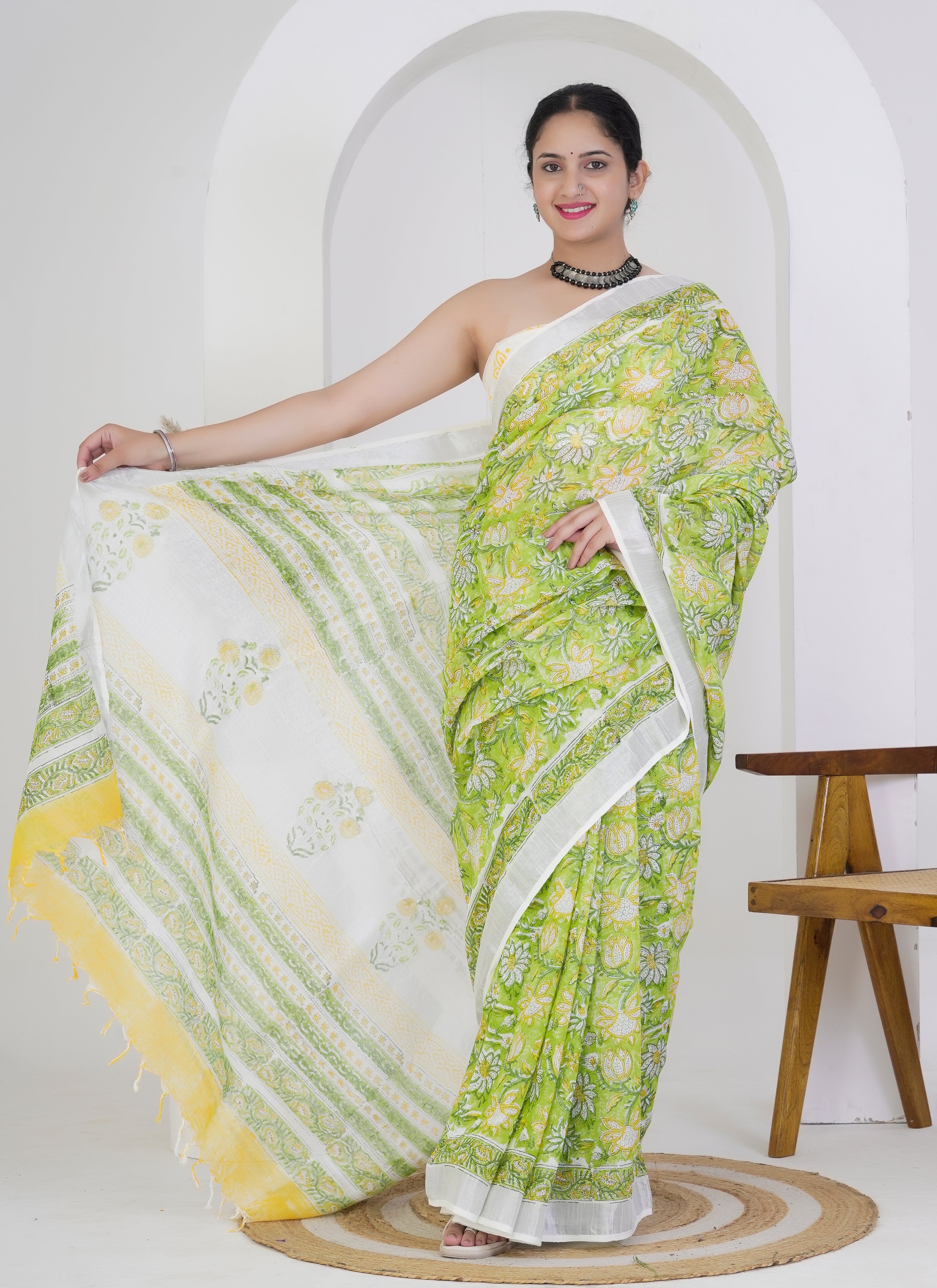 Lime Green Floral Printed Pure Linen Saree