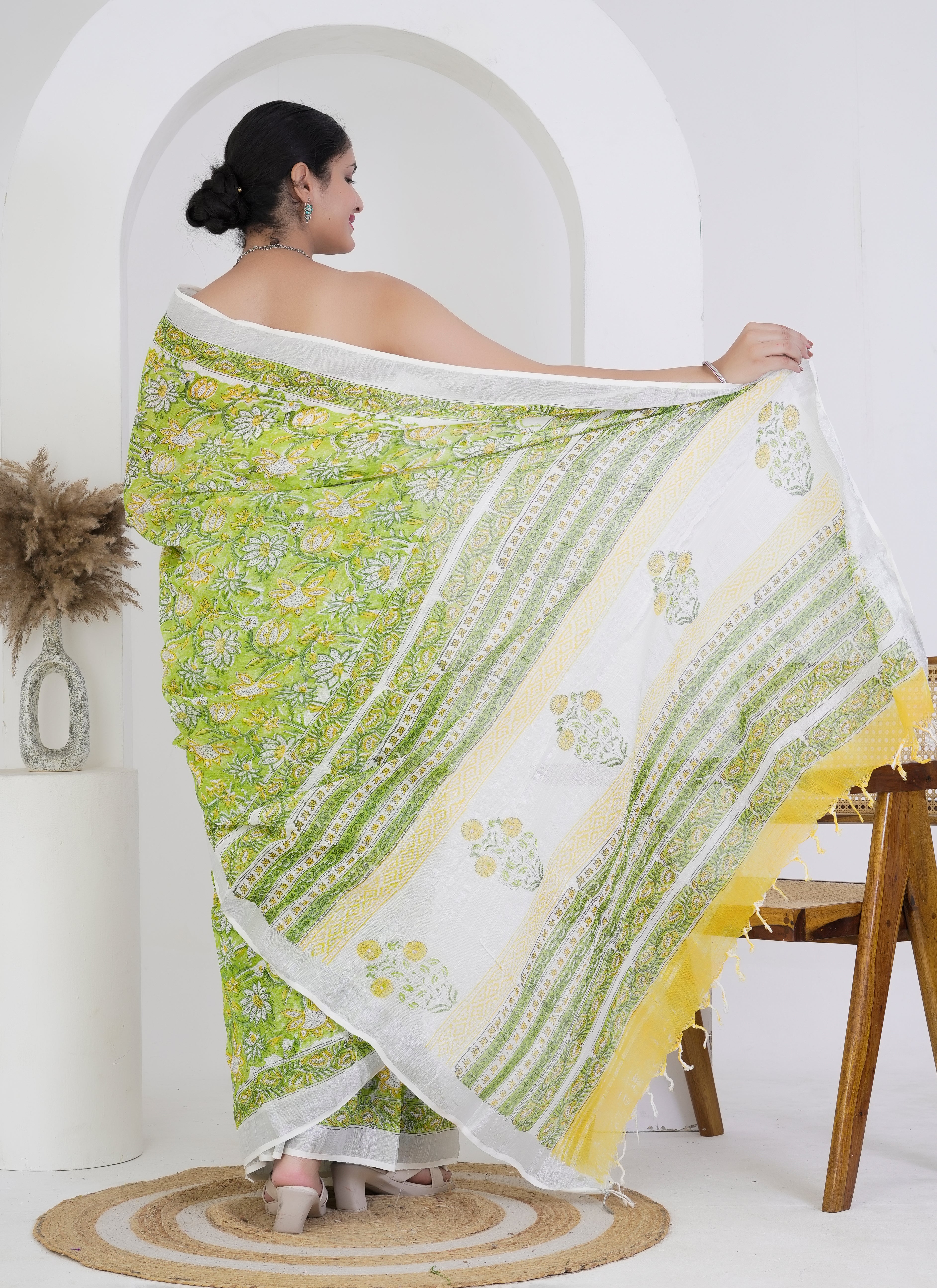 Lime Green Floral Printed Pure Linen Saree