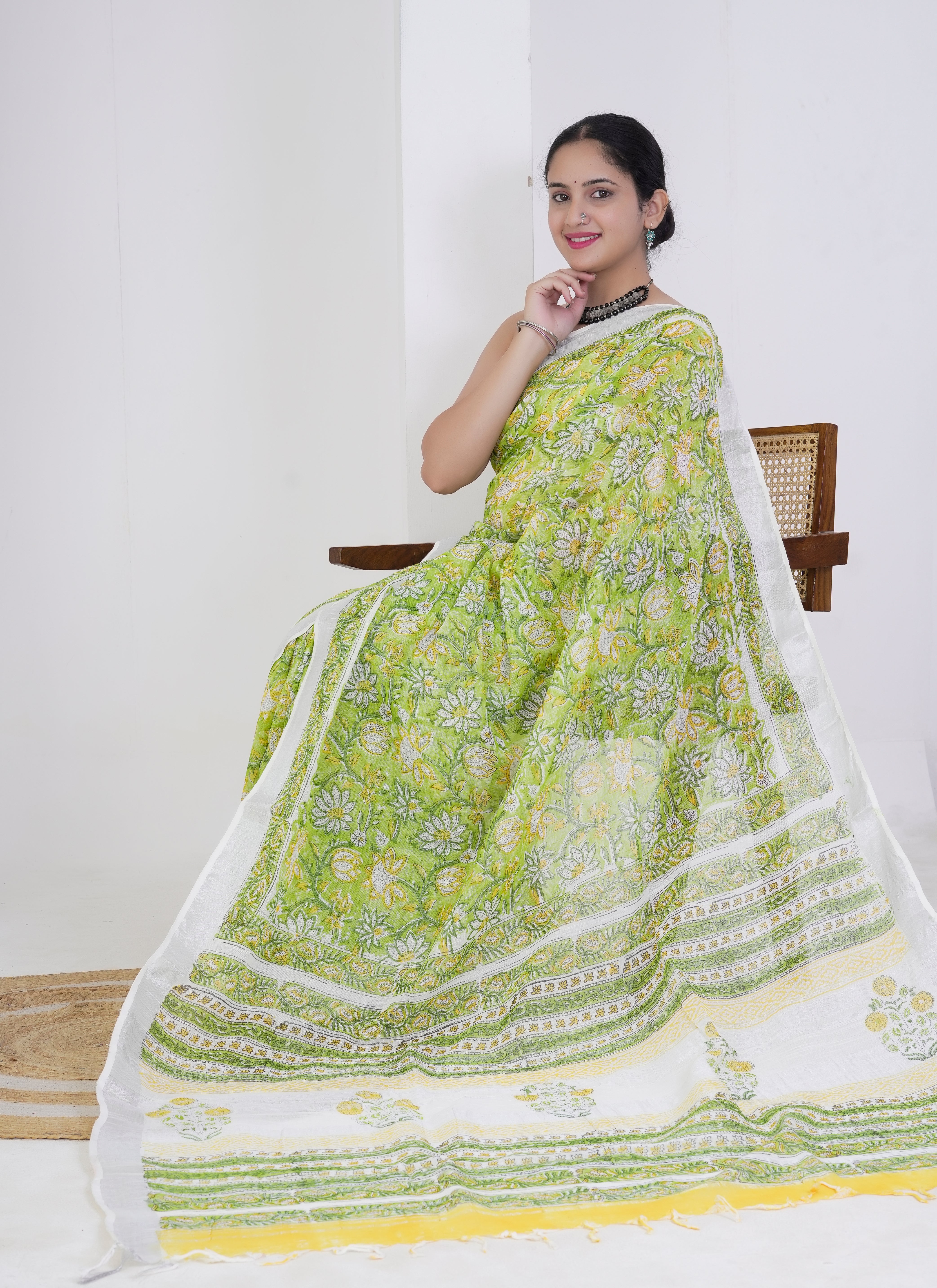 Lime Green Floral Printed Pure Linen Saree