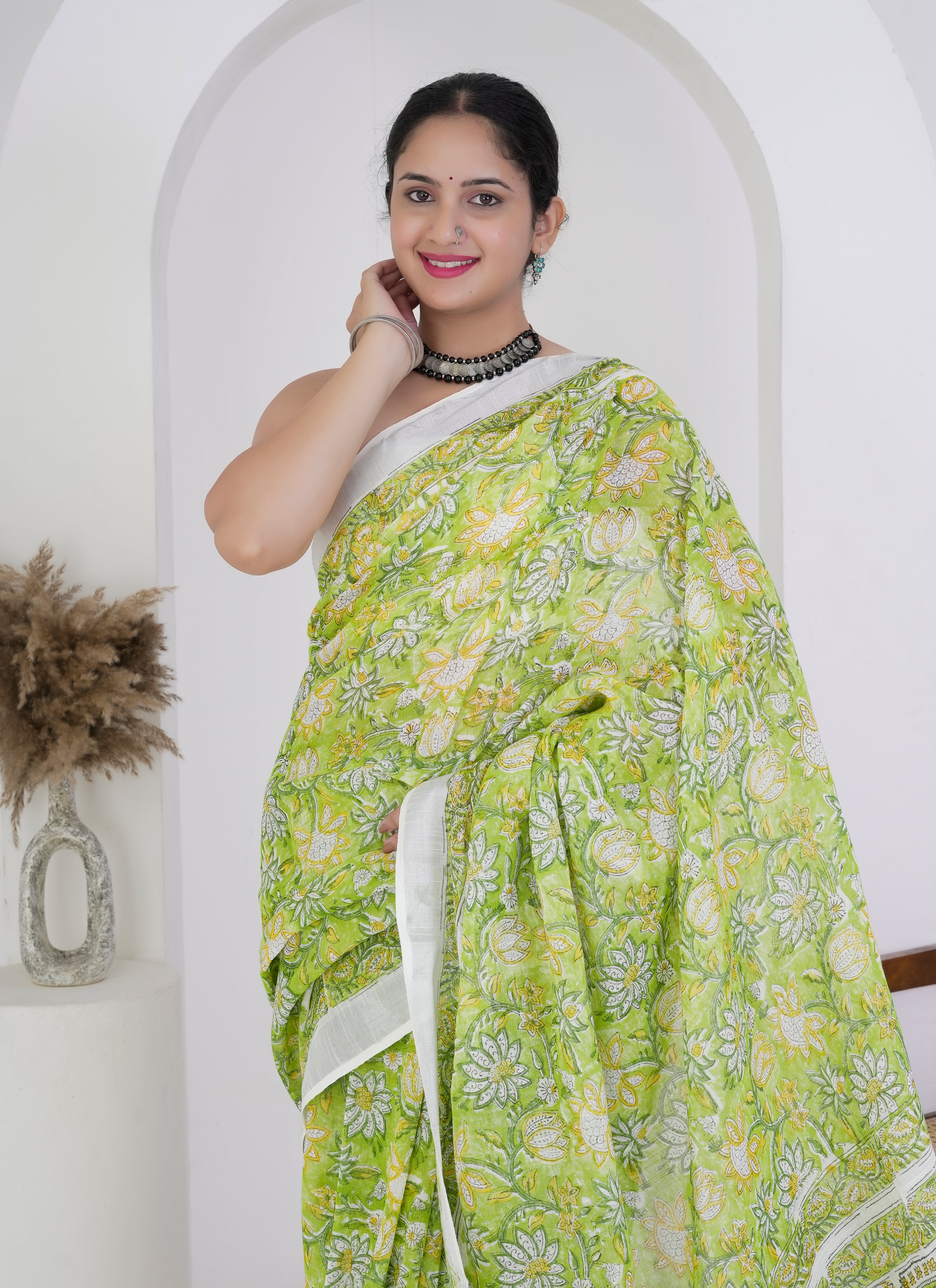 Lime Green Floral Printed Pure Linen Saree