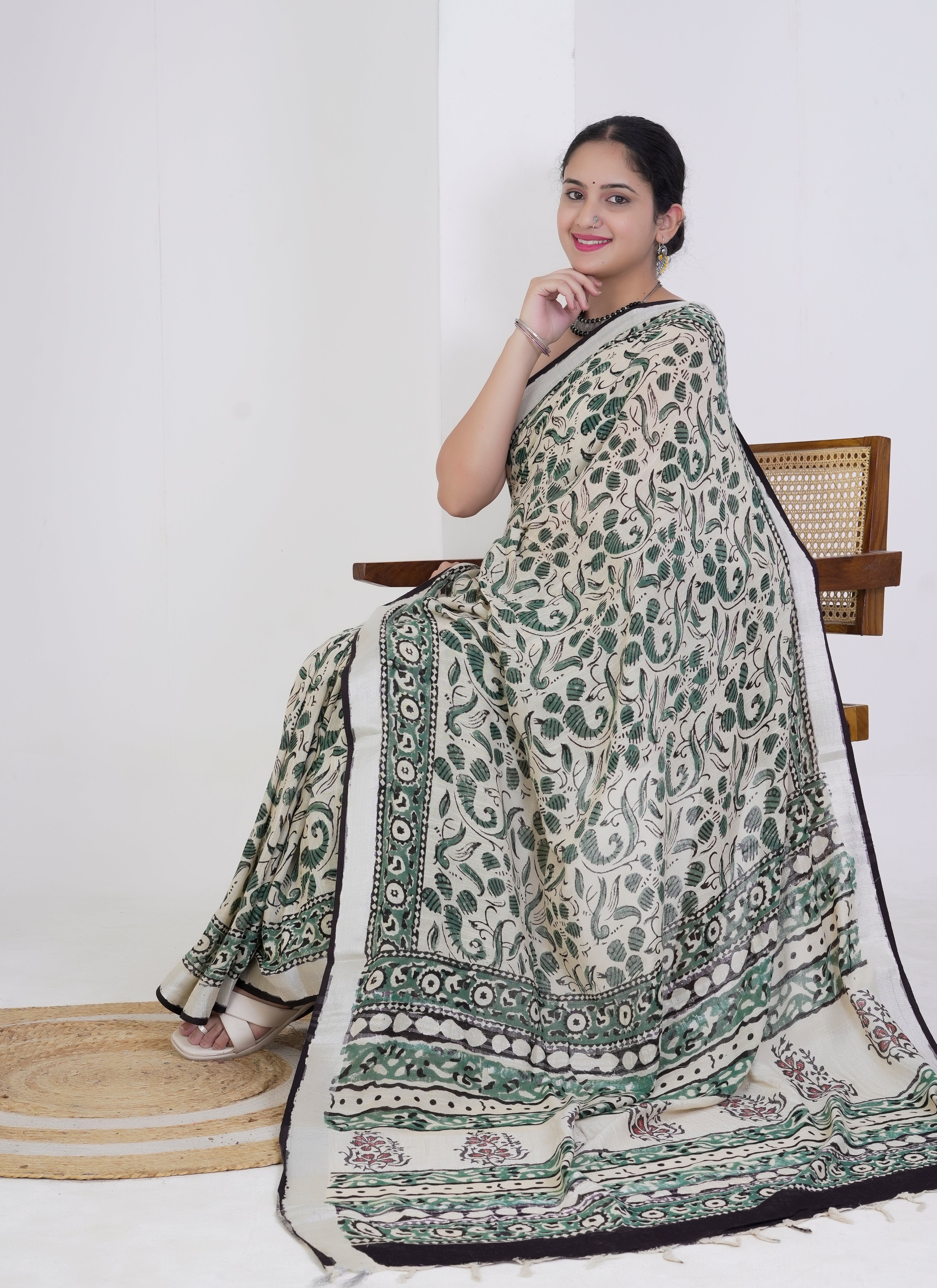 Ivory and Bottle Green Hand Block Printed Pure Linen Saree