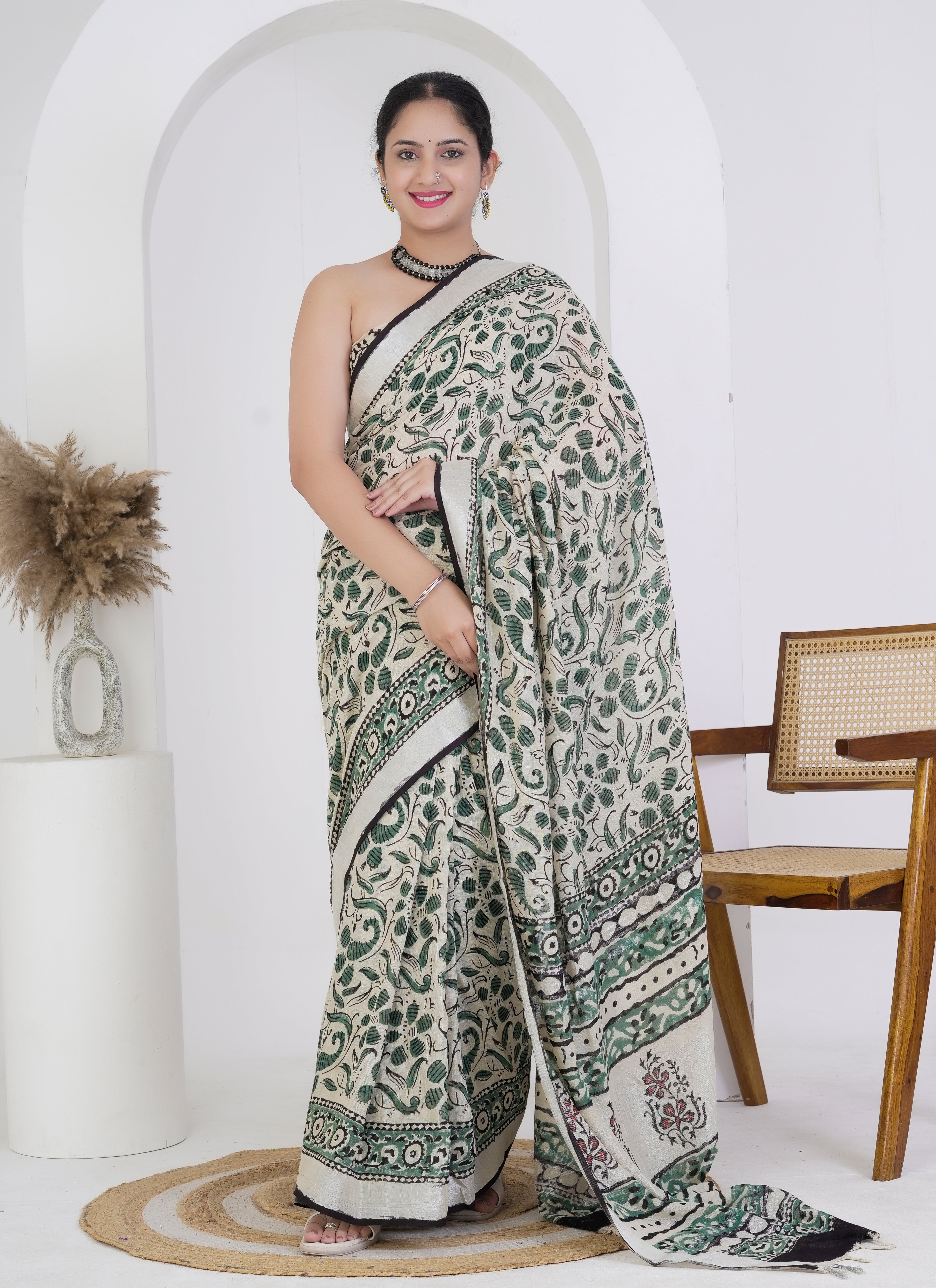Ivory and Bottle Green Hand Block Printed Pure Linen Saree