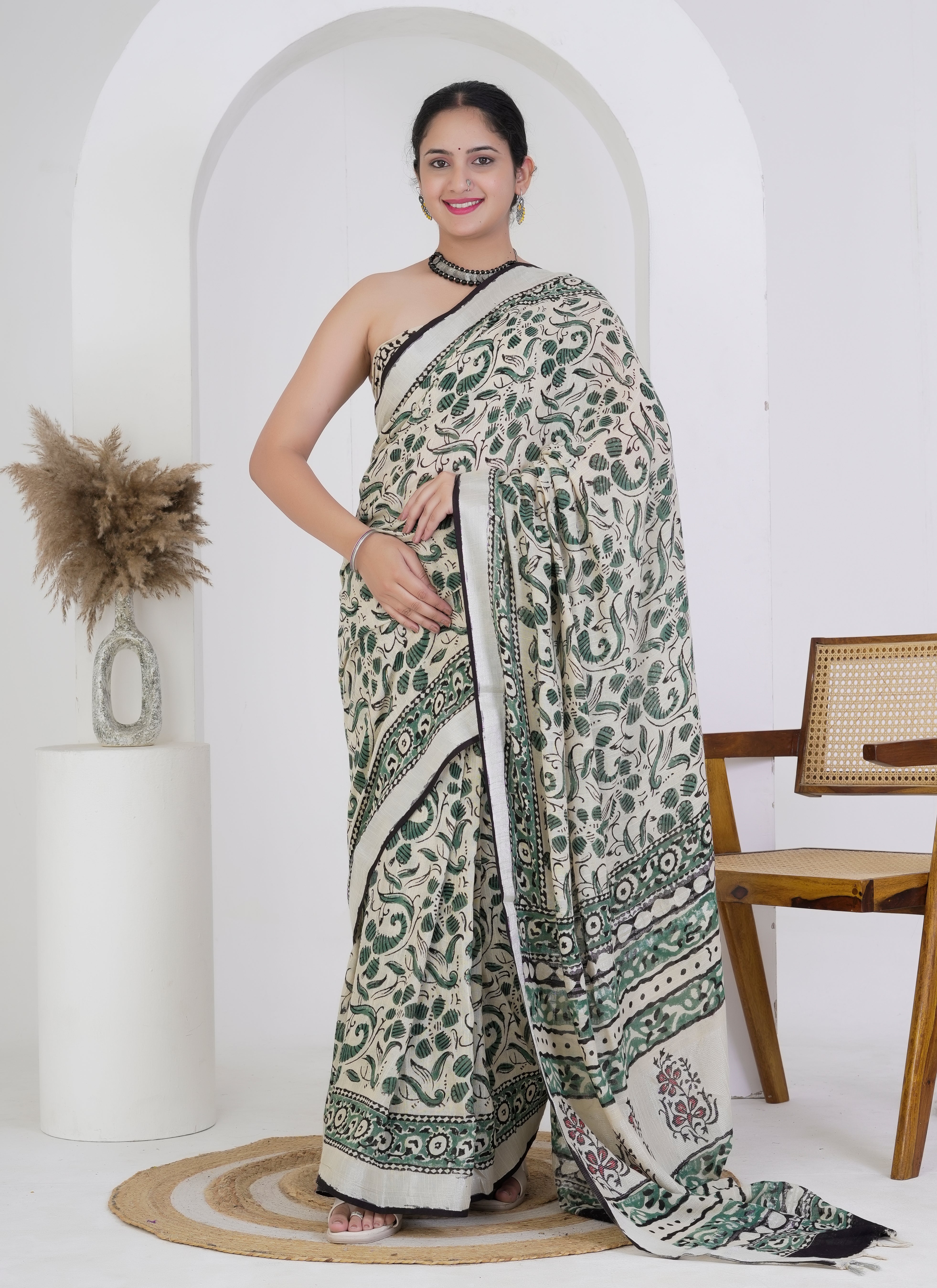 Ivory and Bottle Green Hand Block Printed Pure Linen Saree