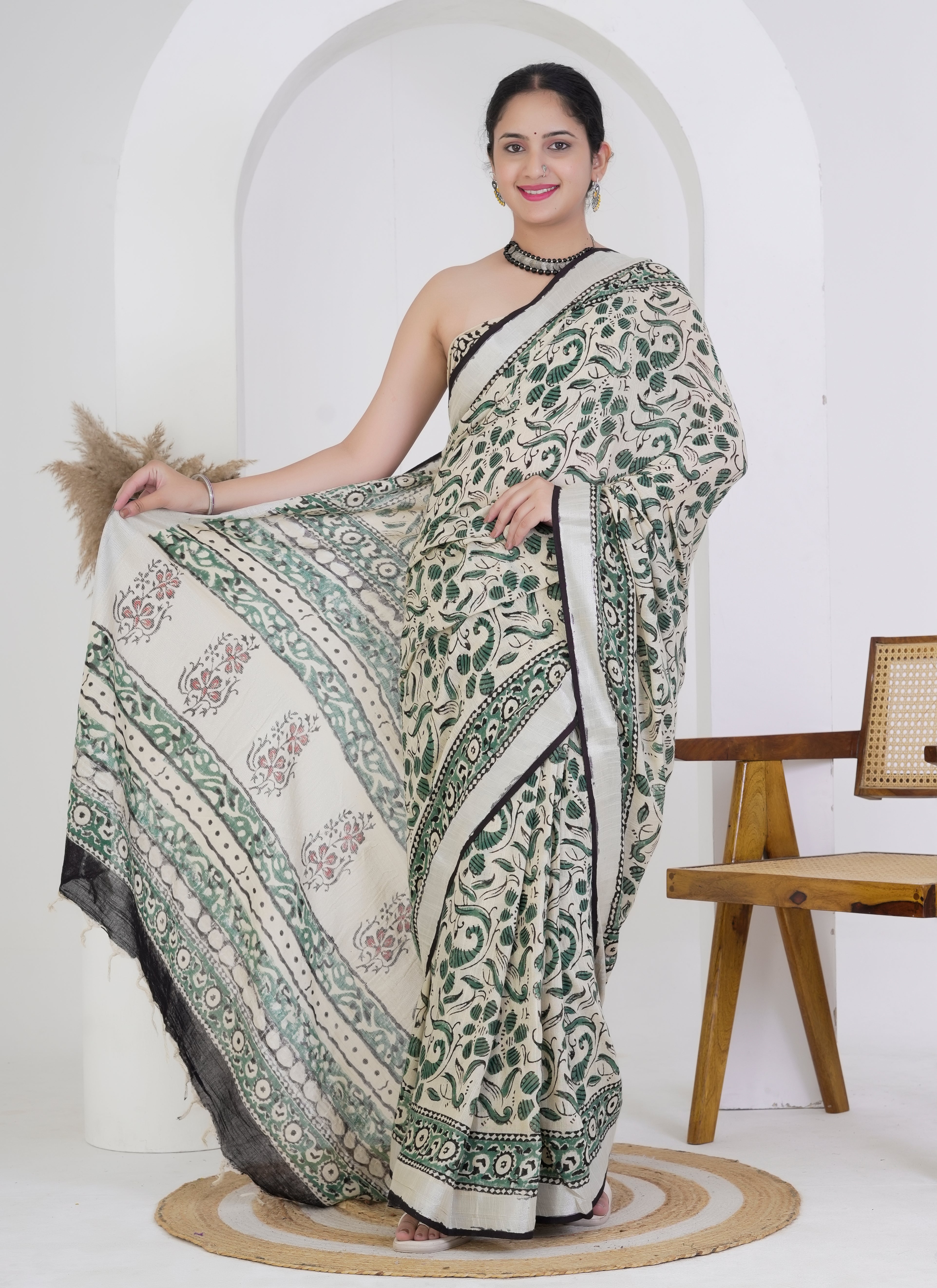 Ivory and Bottle Green Hand Block Printed Pure Linen Saree