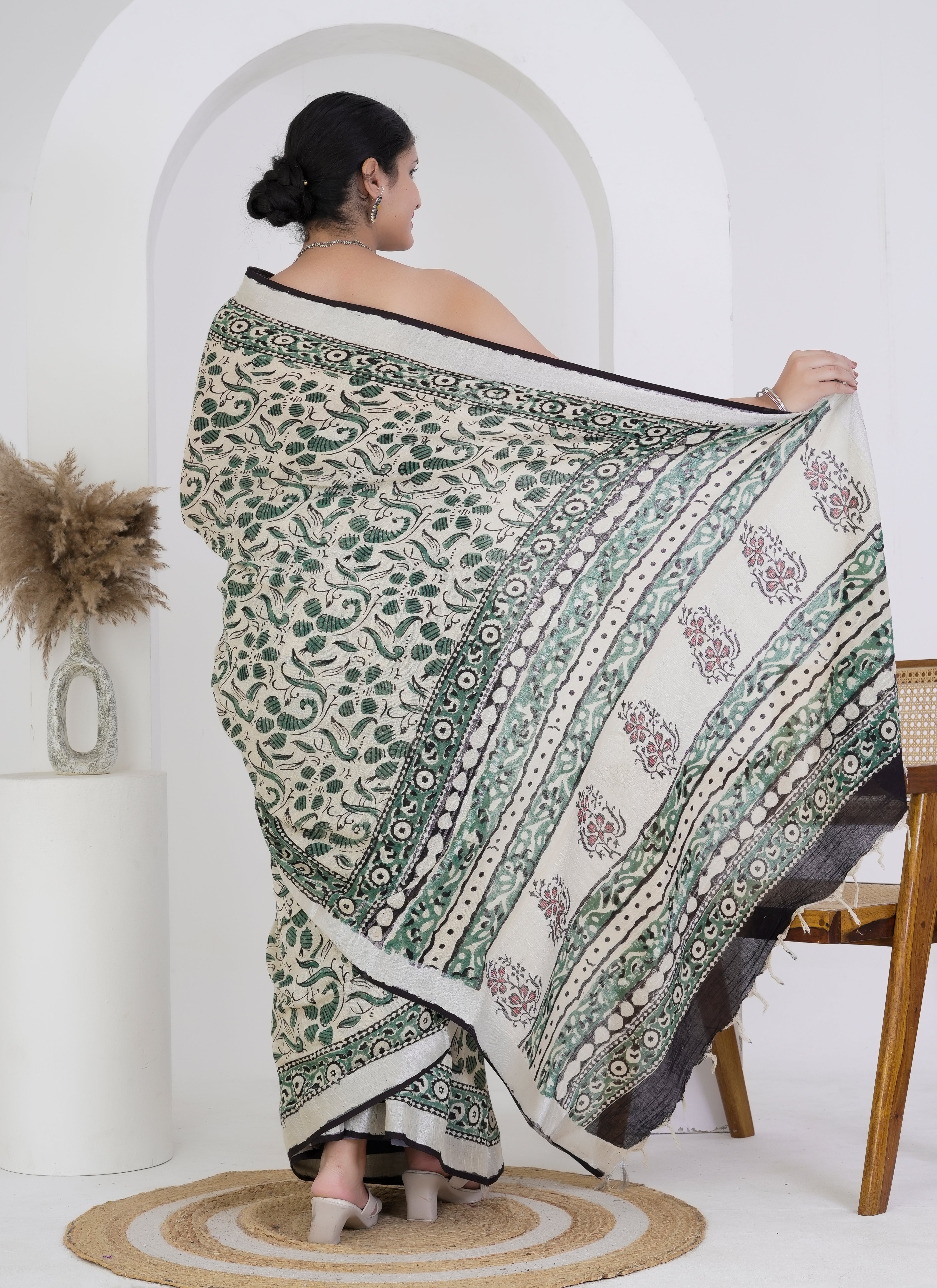 Ivory and Bottle Green Hand Block Printed Pure Linen Saree