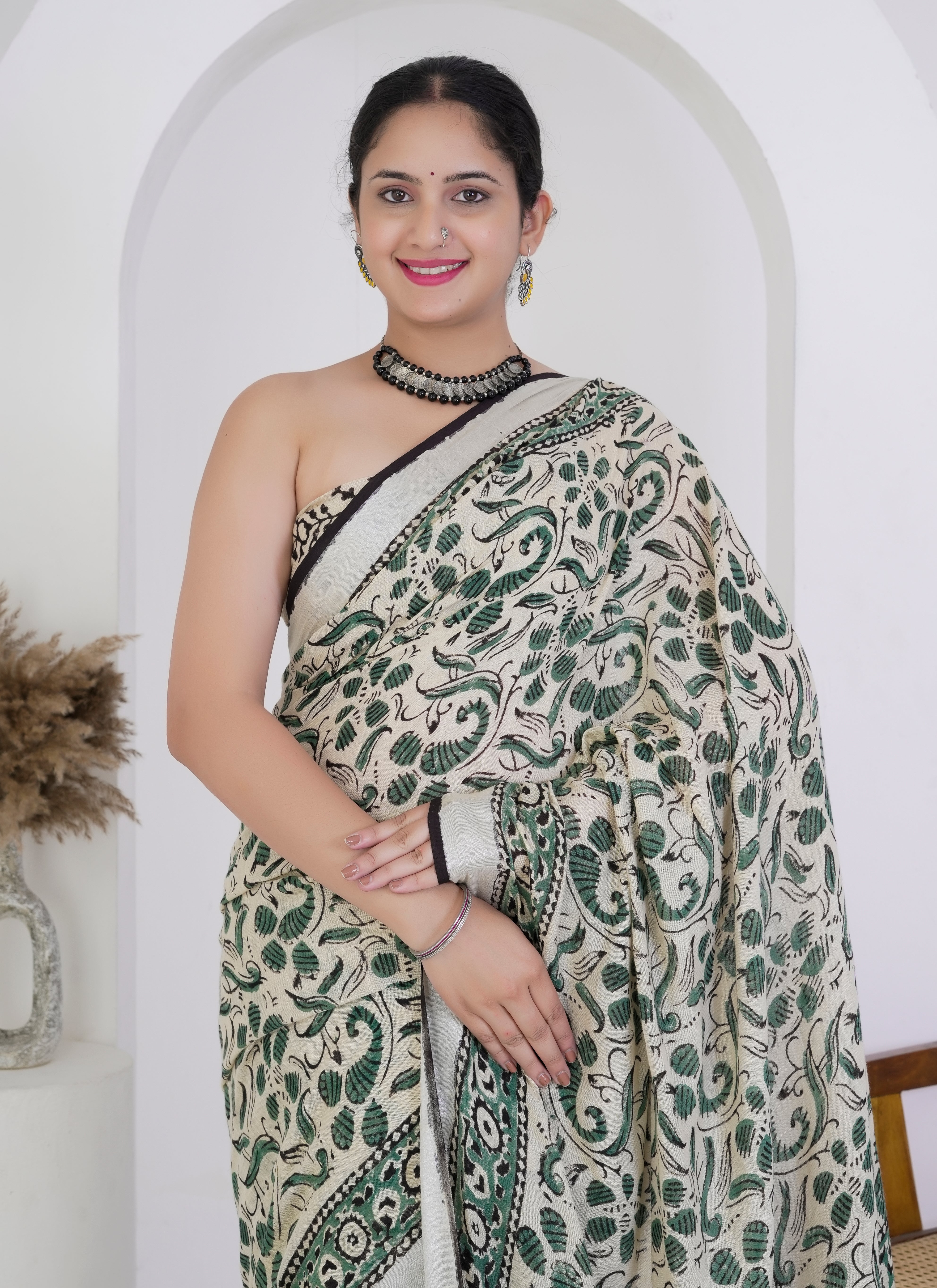 Ivory and Bottle Green Hand Block Printed Pure Linen Saree