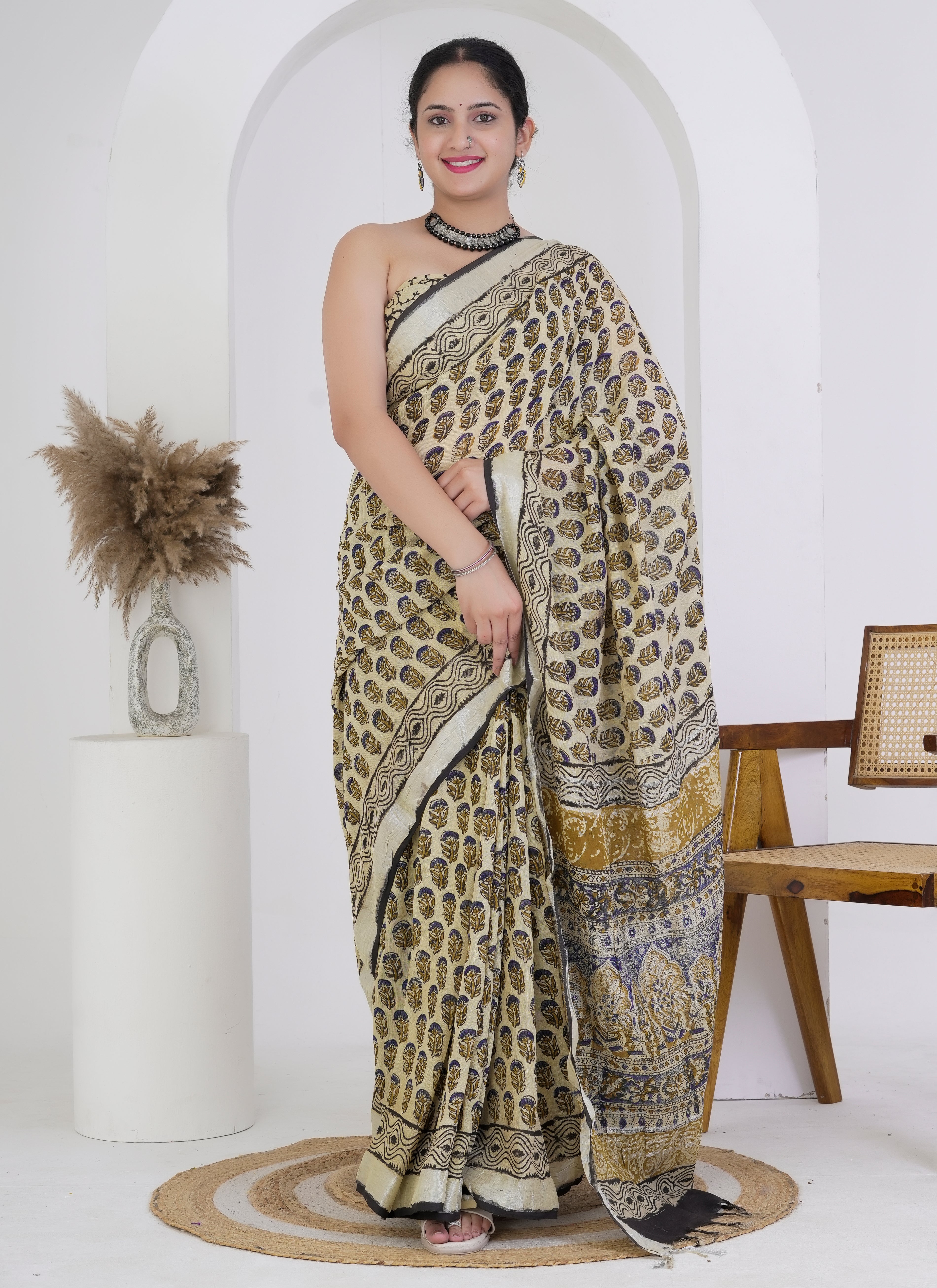Beige and Black Hand Block Printed Pure Linen Saree
