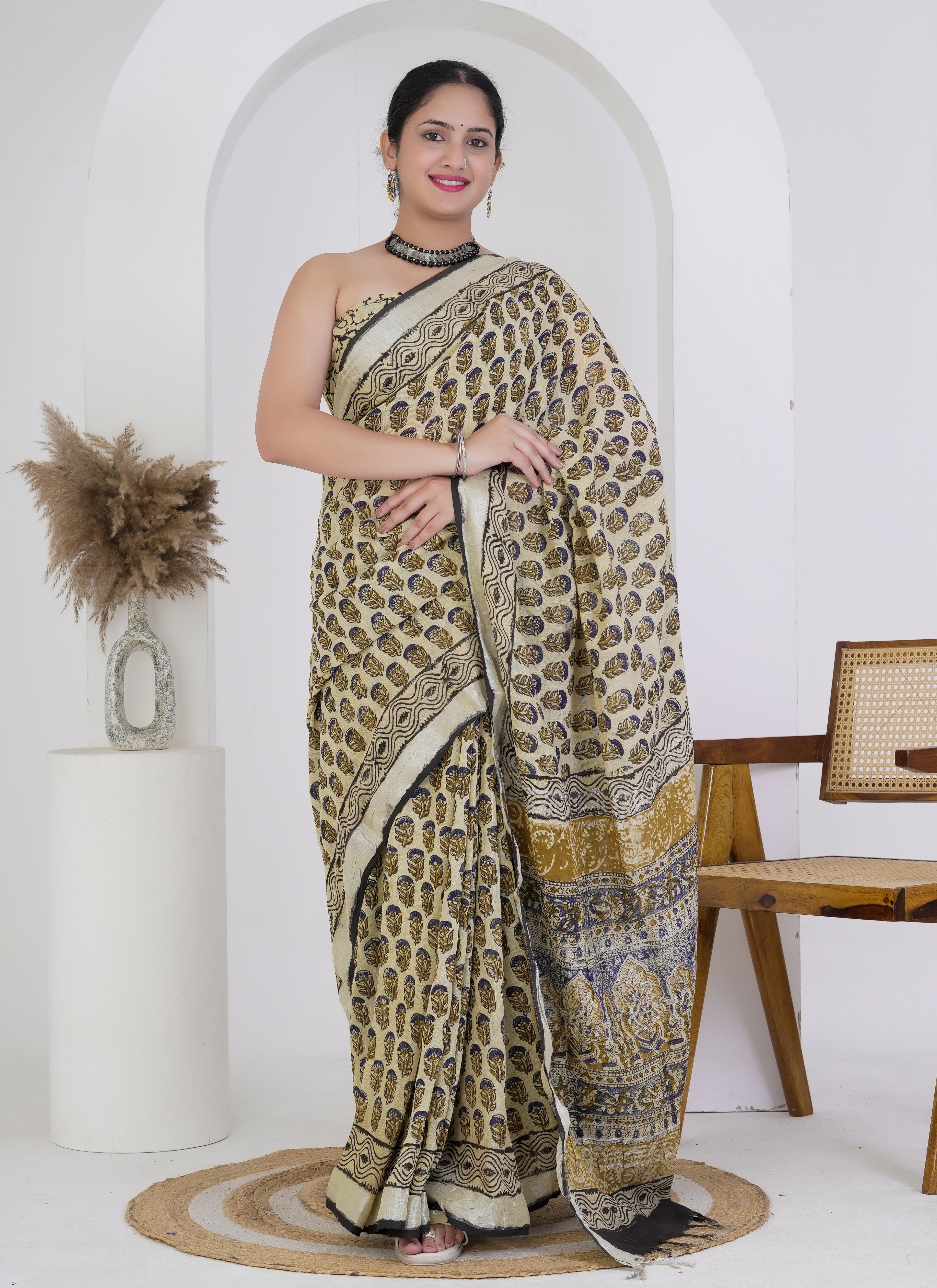 Beige and Black Hand Block Printed Pure Linen Saree