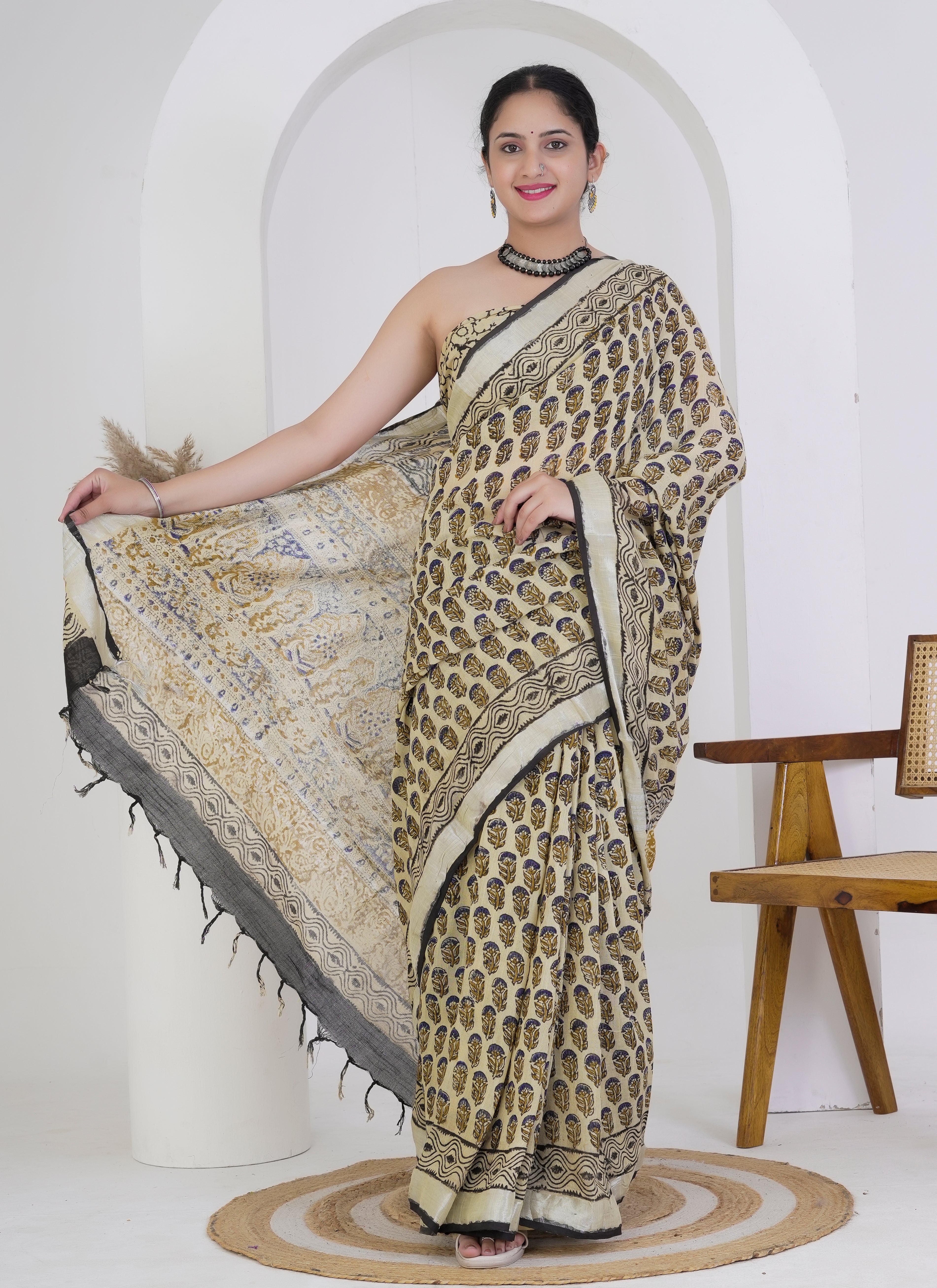 Beige and Black Hand Block Printed Pure Linen Saree
