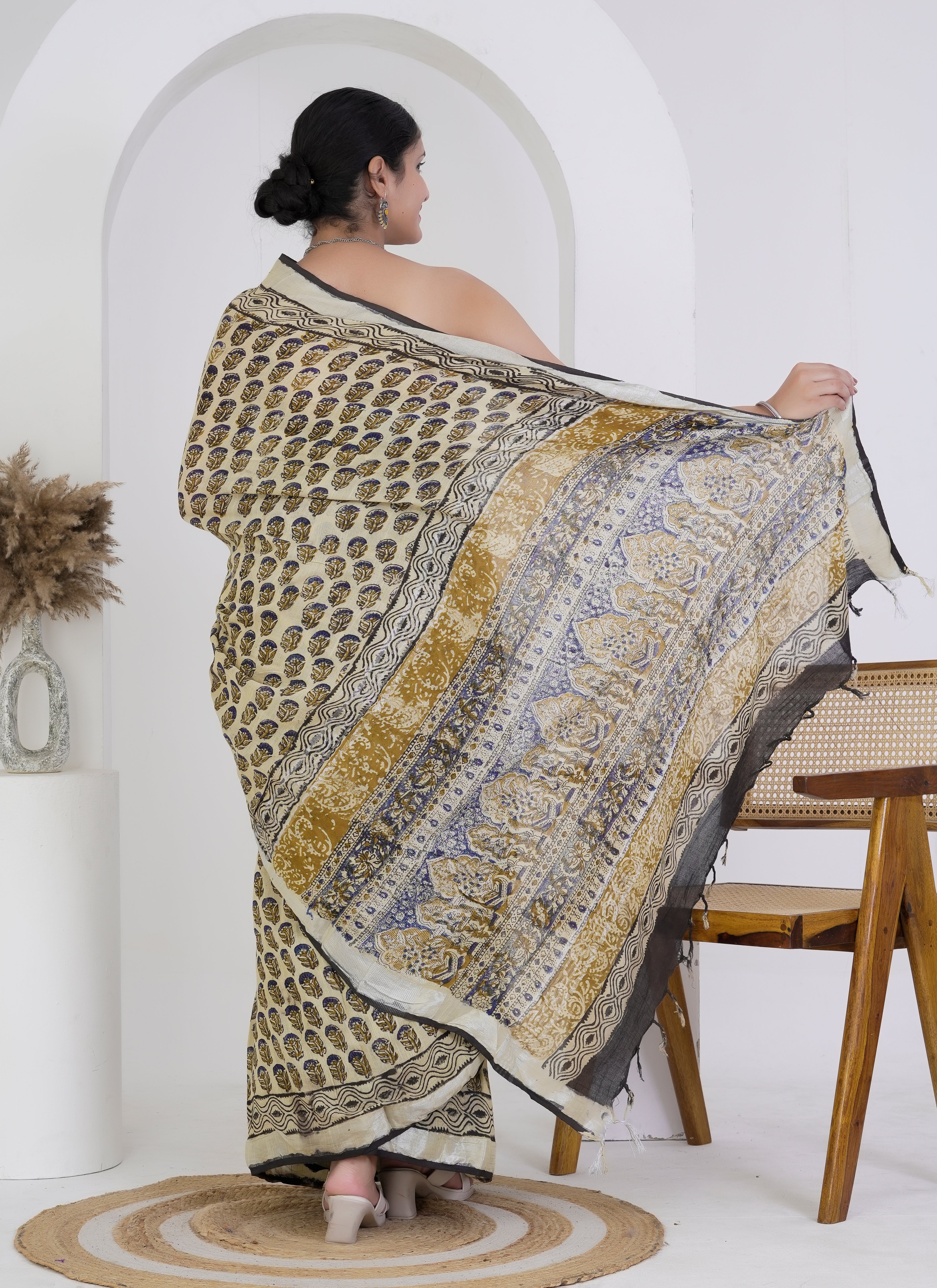 Beige and Black Hand Block Printed Pure Linen Saree