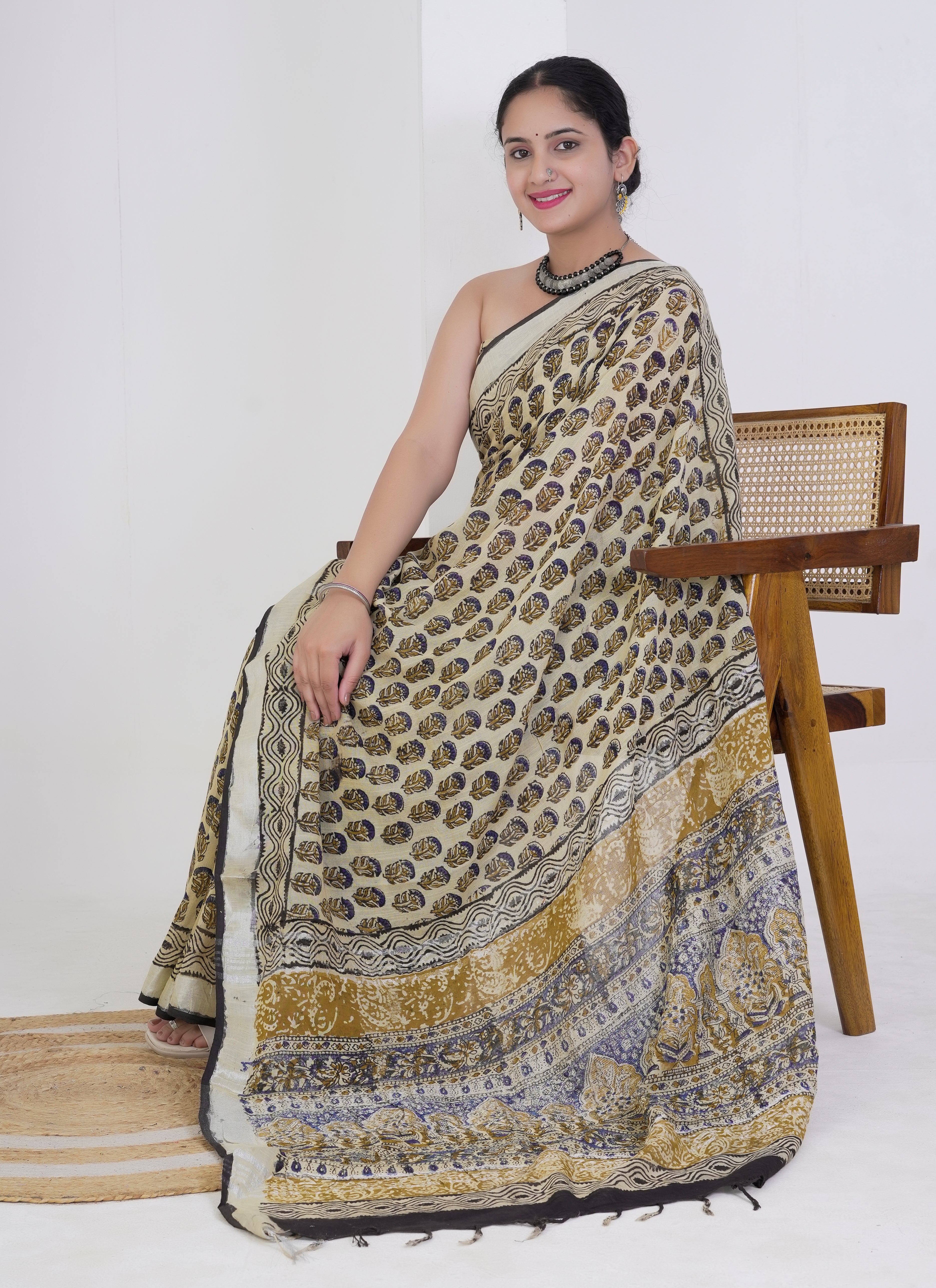 Beige and Black Hand Block Printed Pure Linen Saree