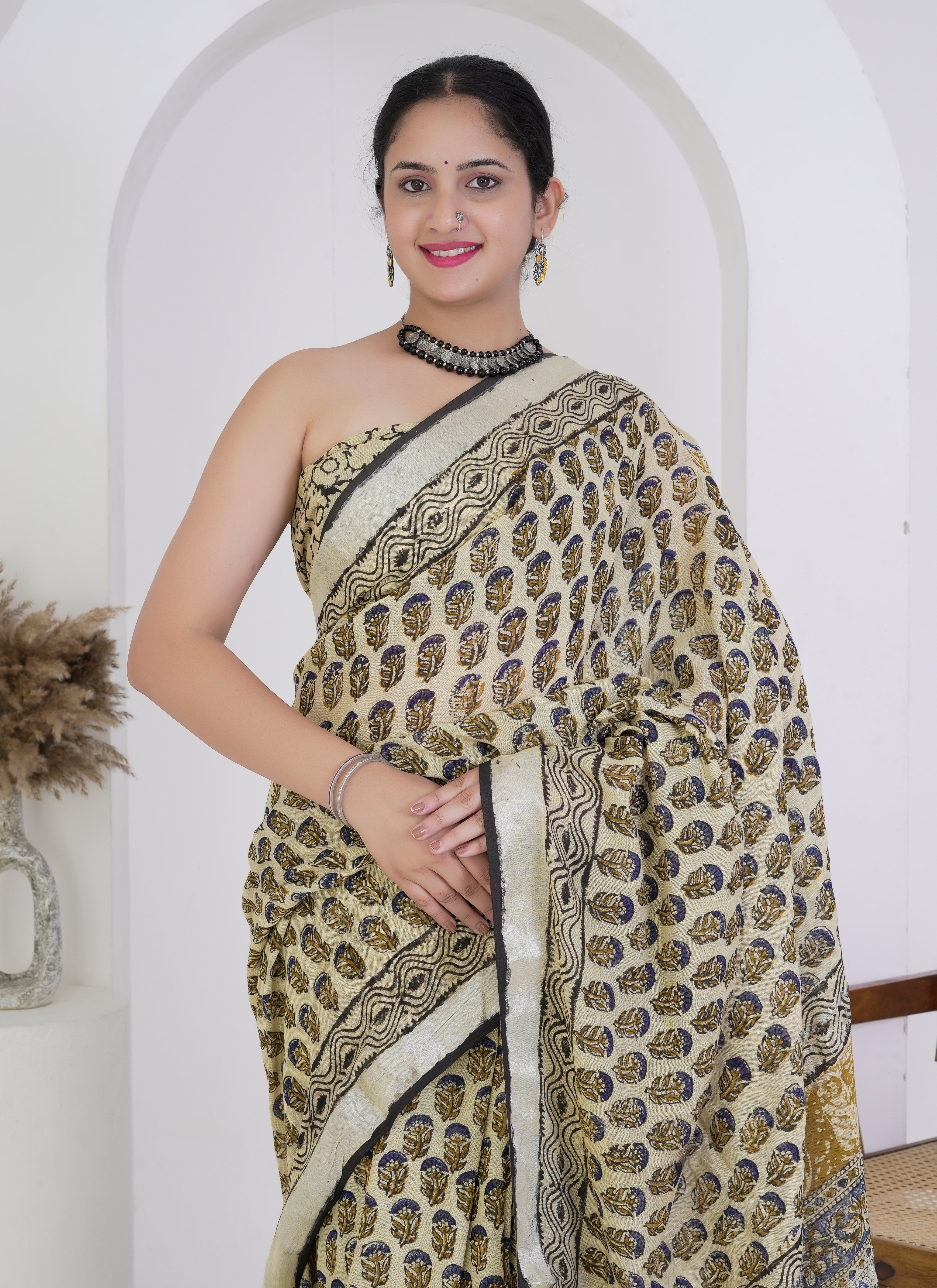 Beige and Black Hand Block Printed Pure Linen Saree