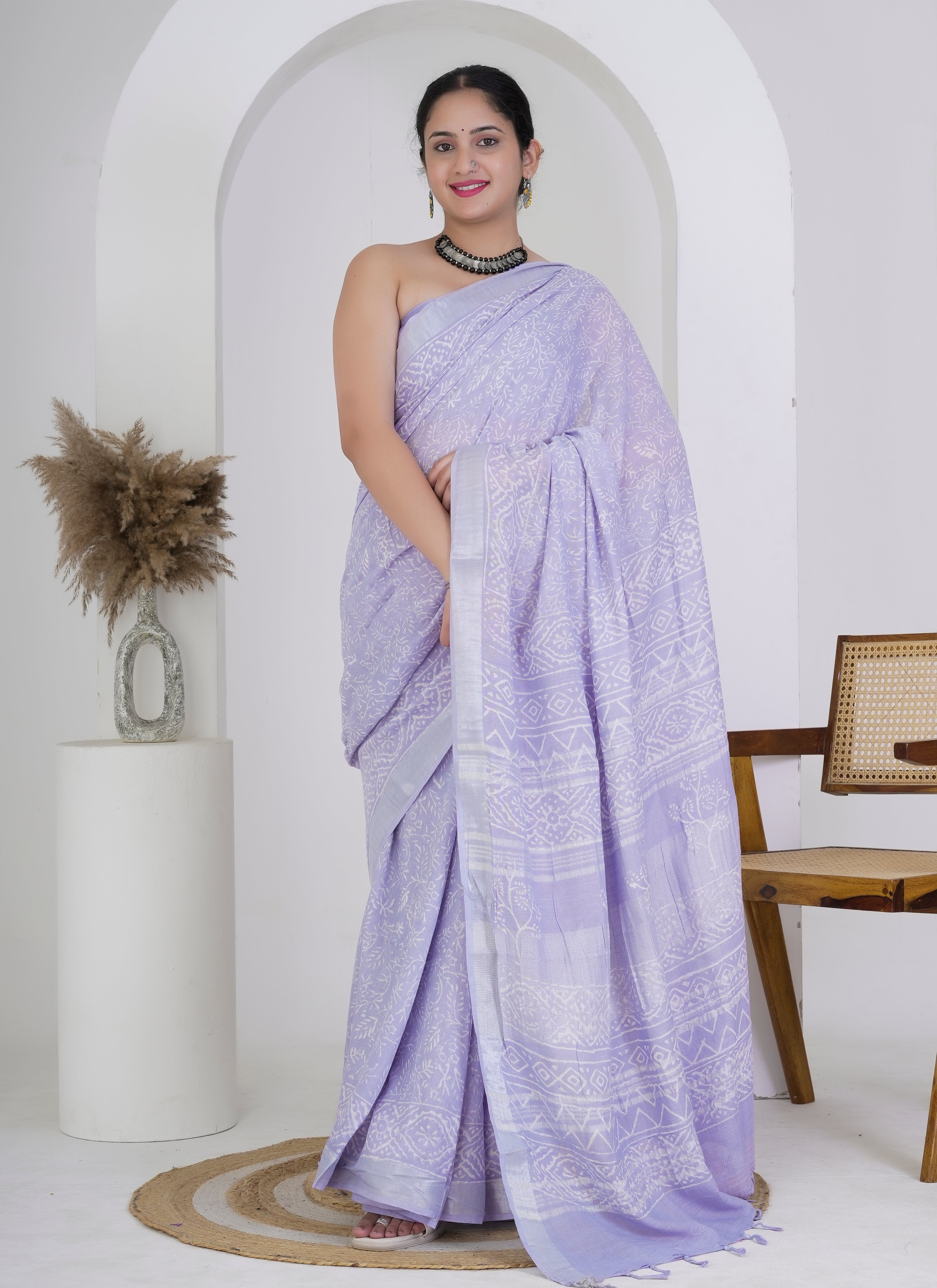 Lavender White Hand Block Printed Pure Linen Saree