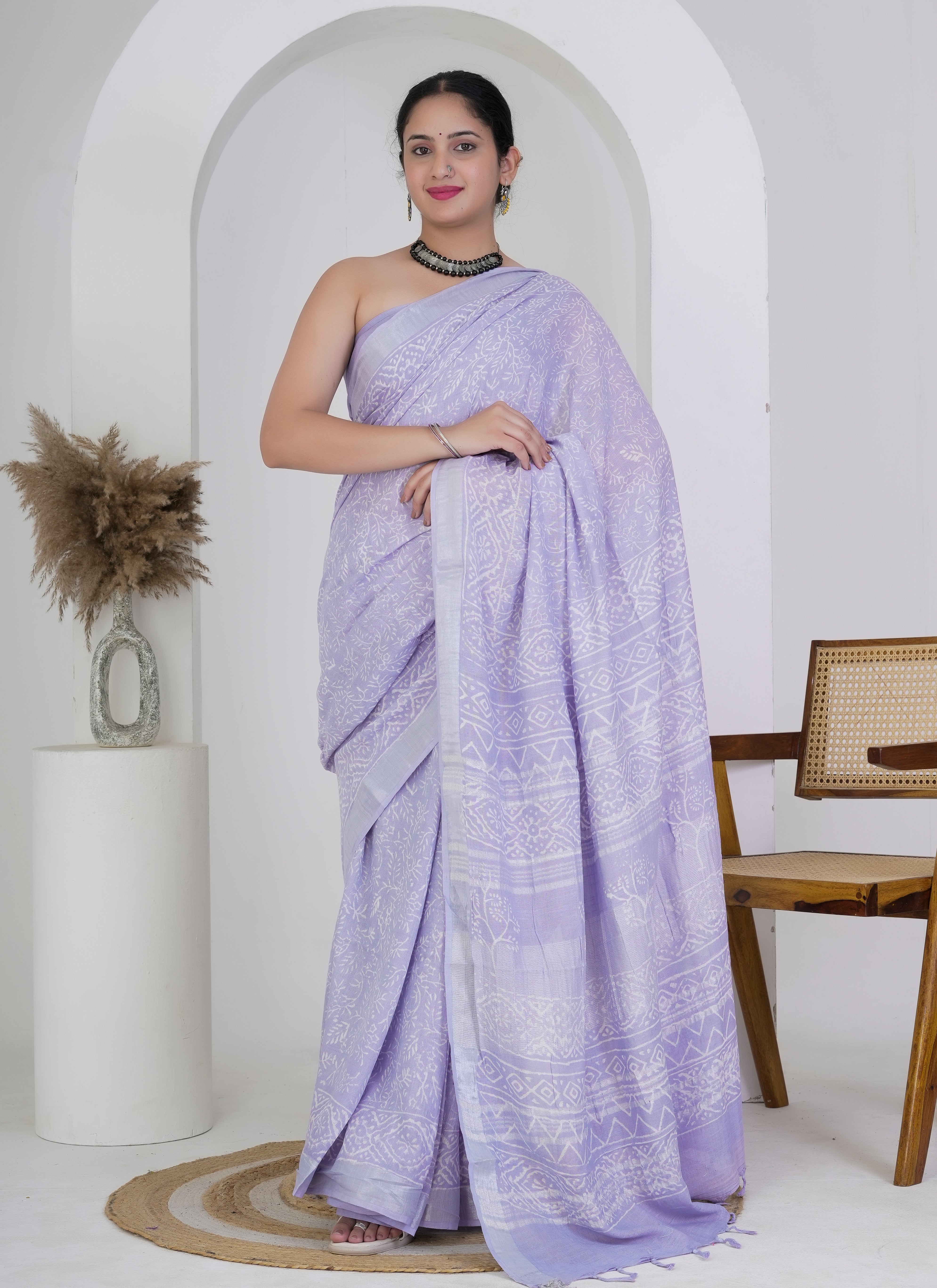 Lavender White Hand Block Printed Pure Linen Saree