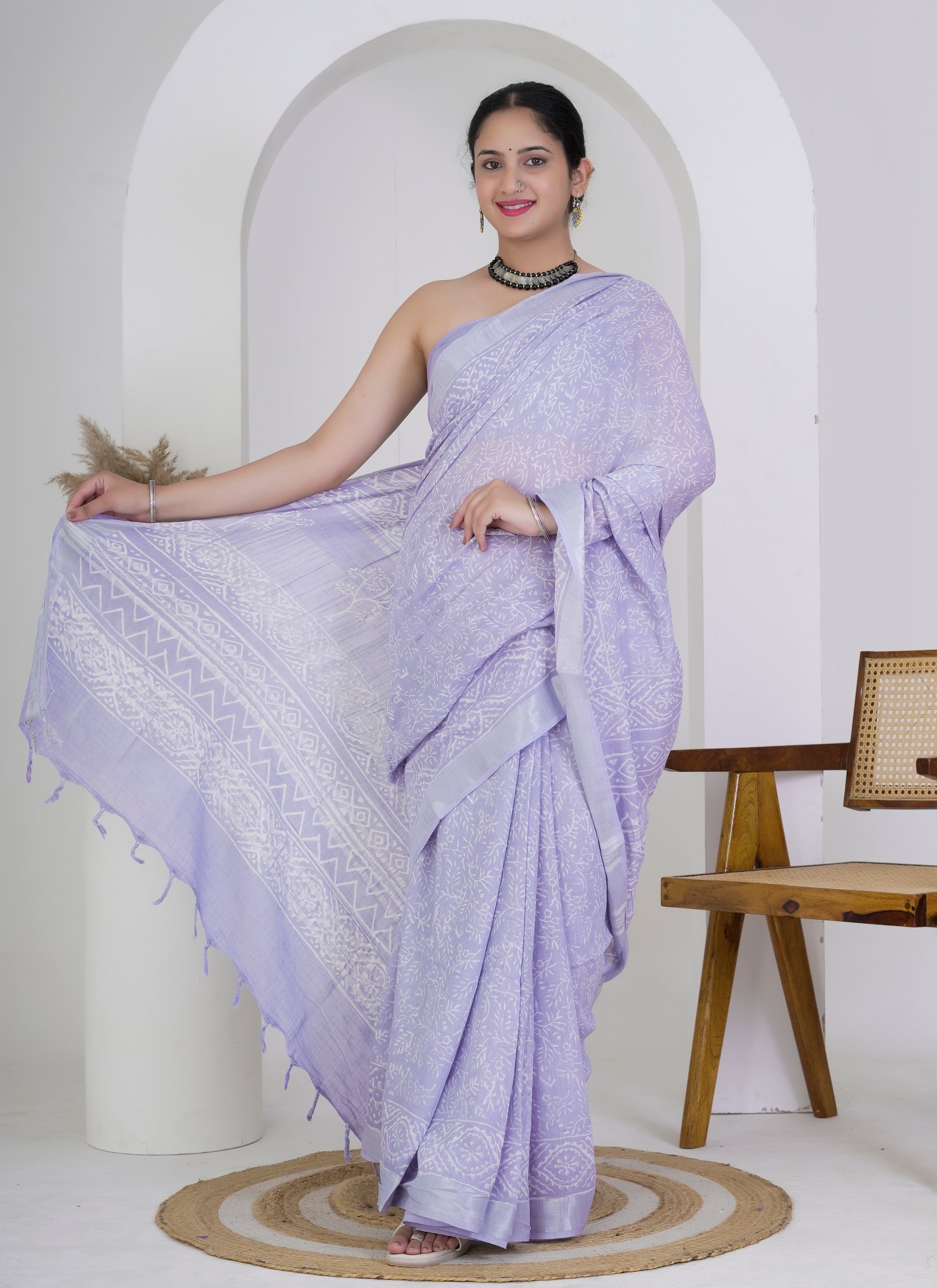 Lavender White Hand Block Printed Pure Linen Saree