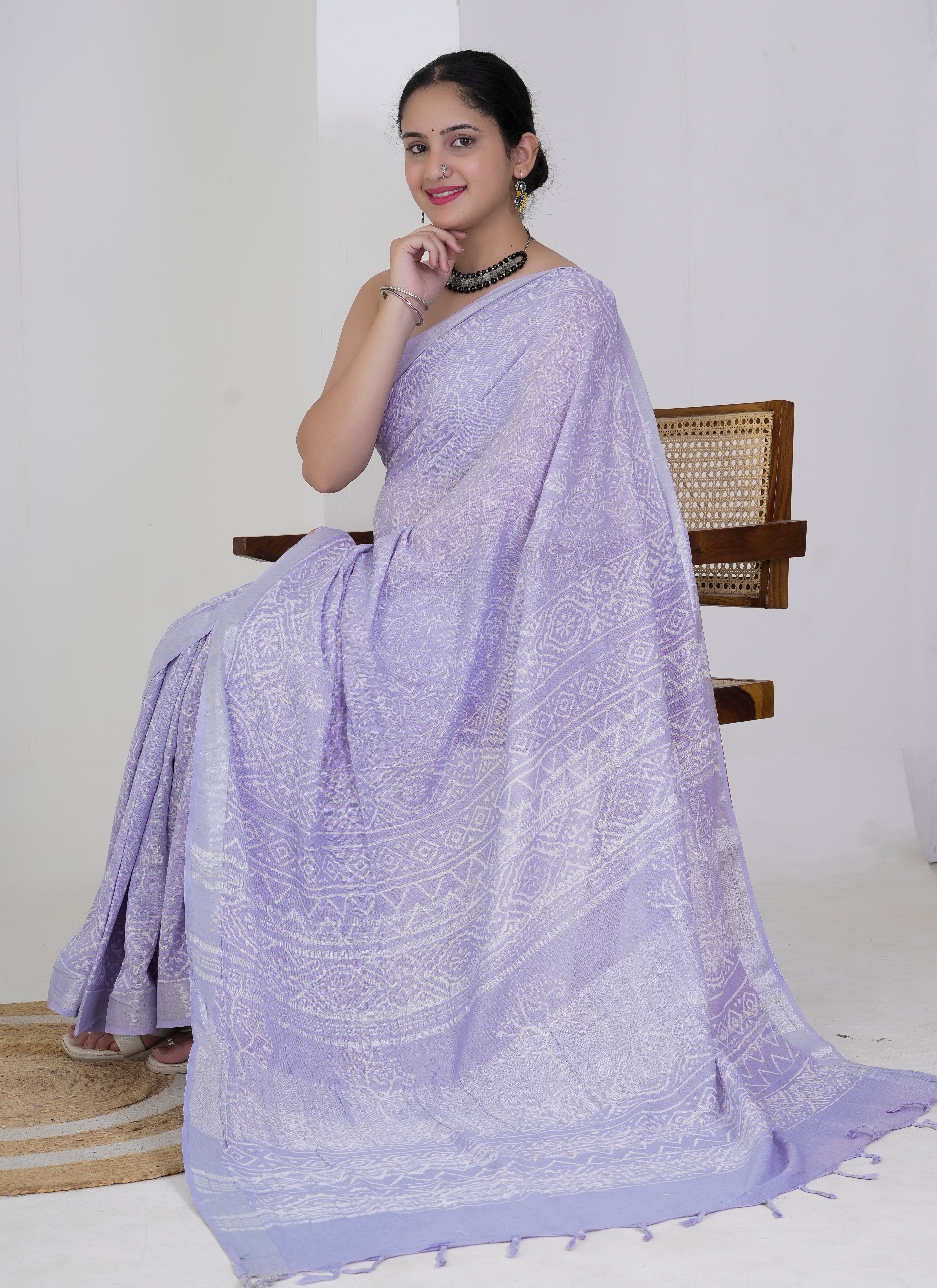 Lavender White Hand Block Printed Pure Linen Saree