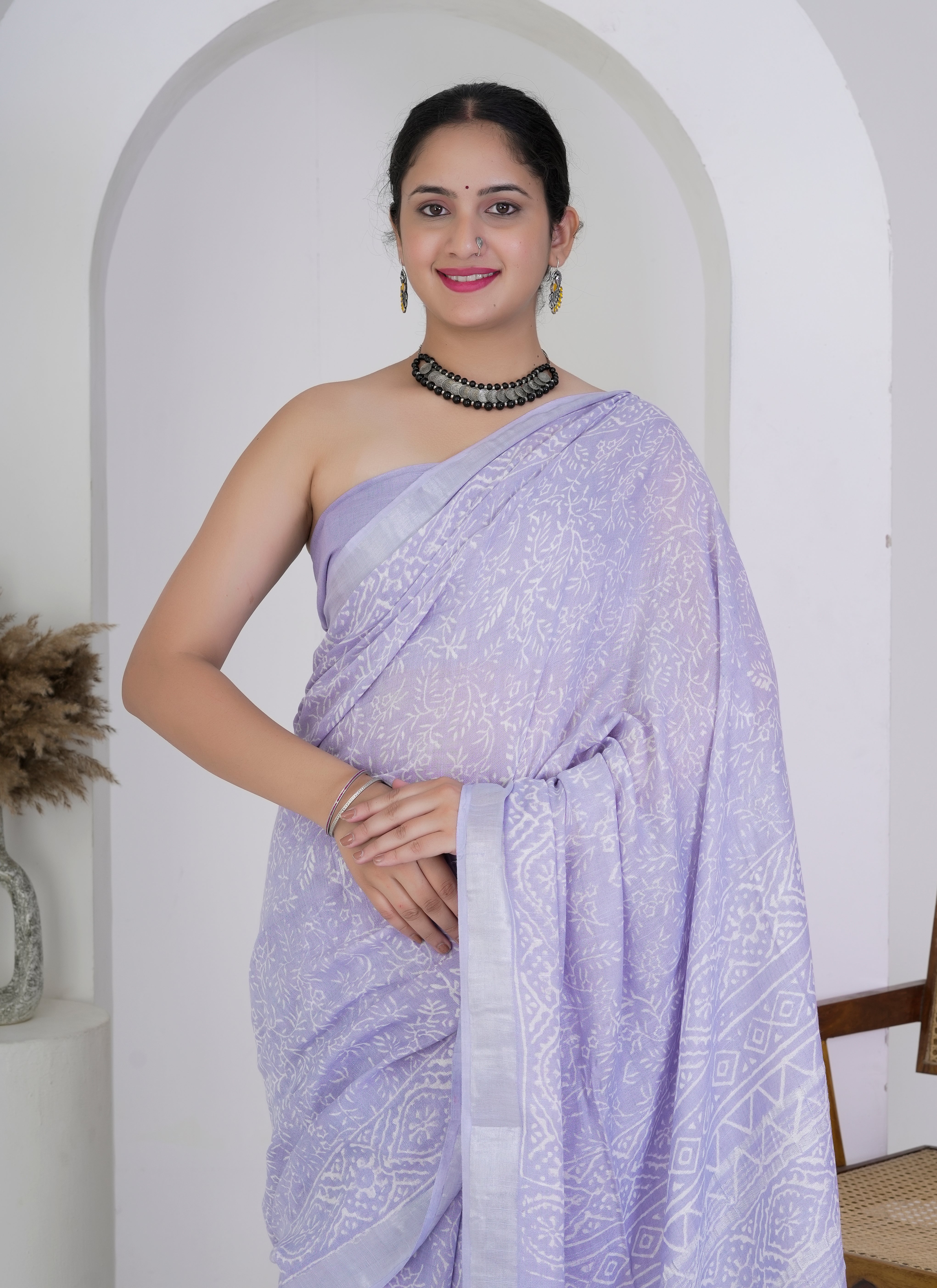 Lavender White Hand Block Printed Pure Linen Saree