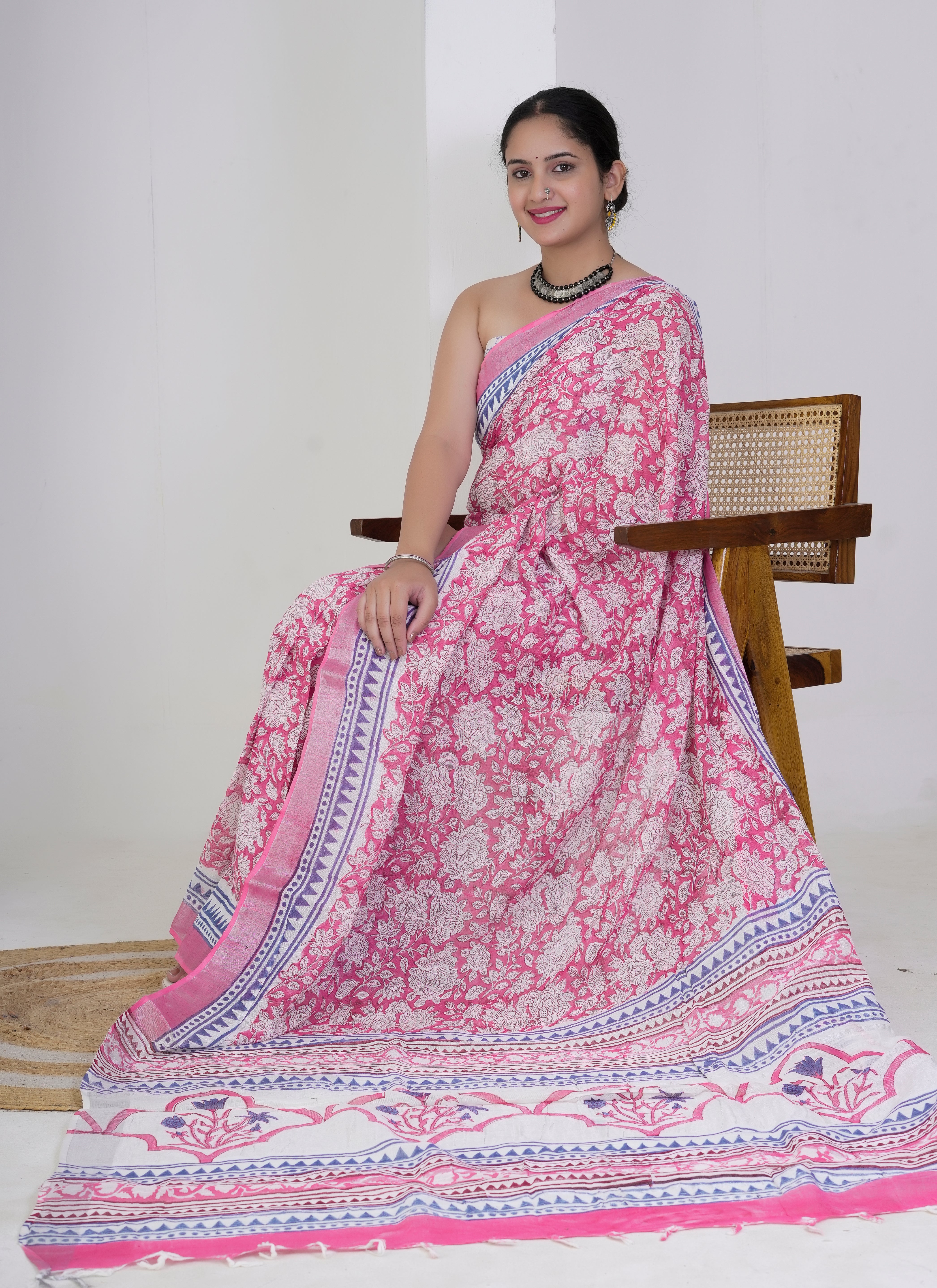 Pink and White Rose Floral Hand Block Printed Pure Linen Saree