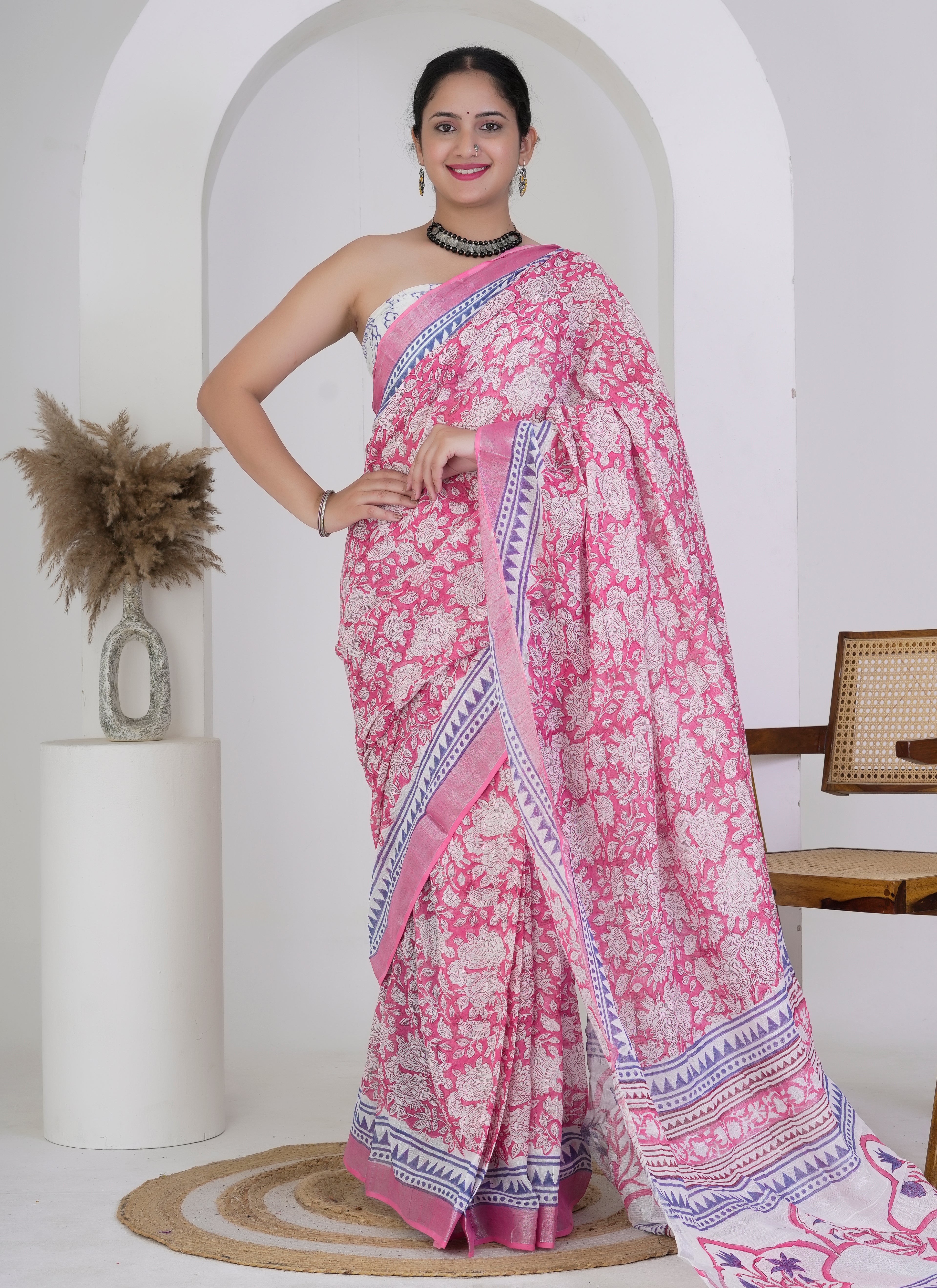 Pink and White Rose Floral Hand Block Printed Pure Linen Saree