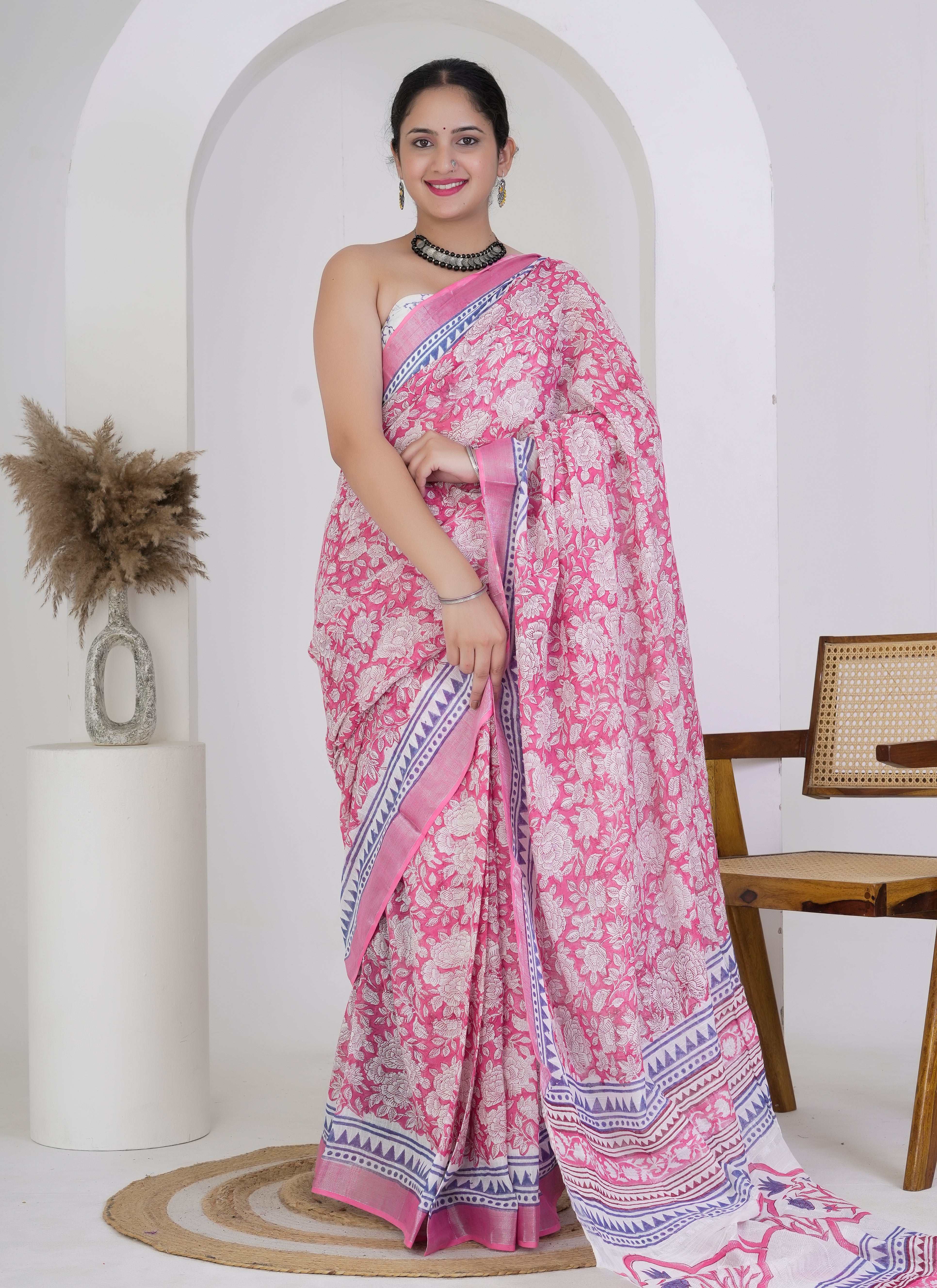 Pink and White Rose Floral Hand Block Printed Pure Linen Saree