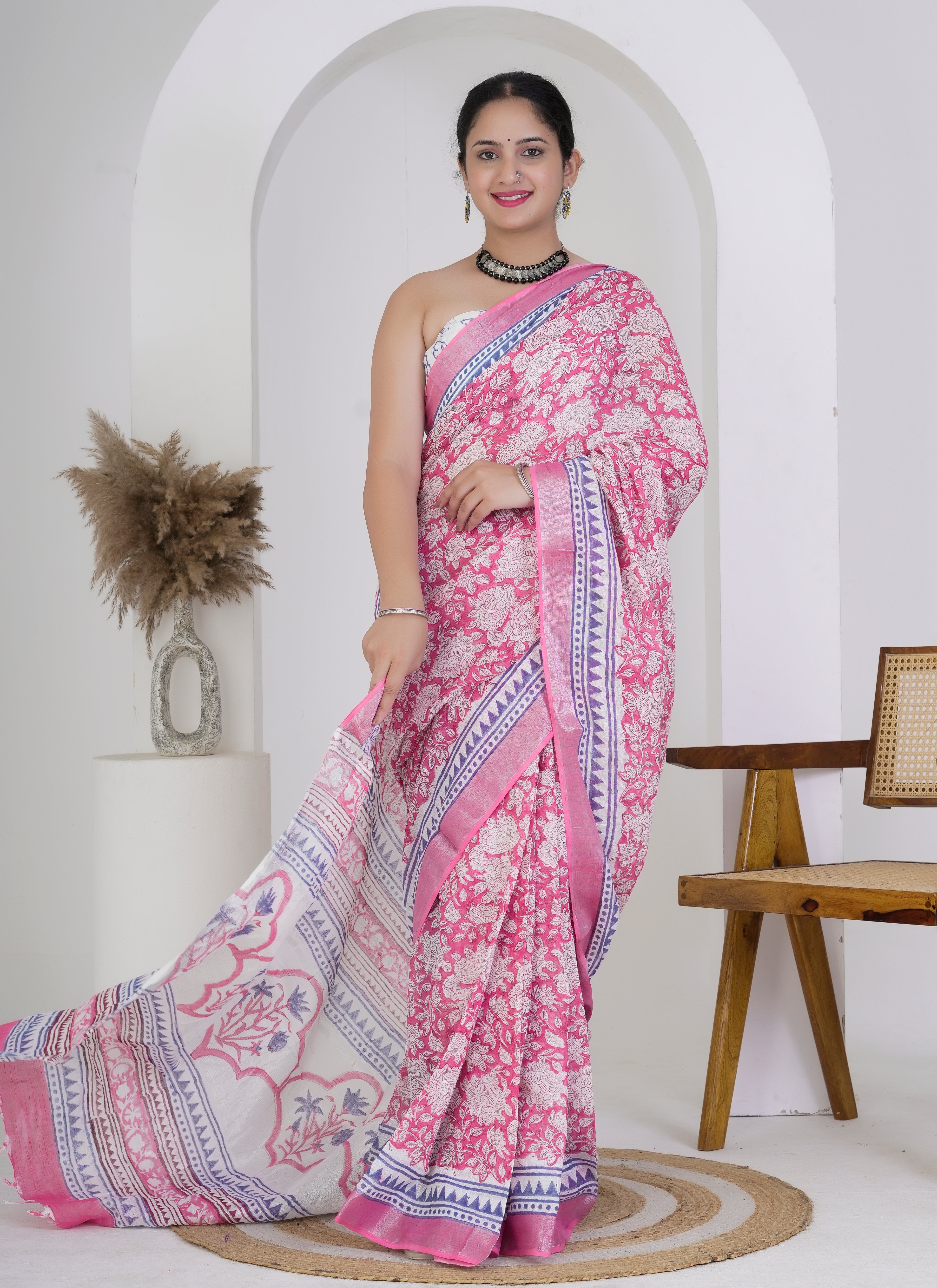 Pink and White Rose Floral Hand Block Printed Pure Linen Saree