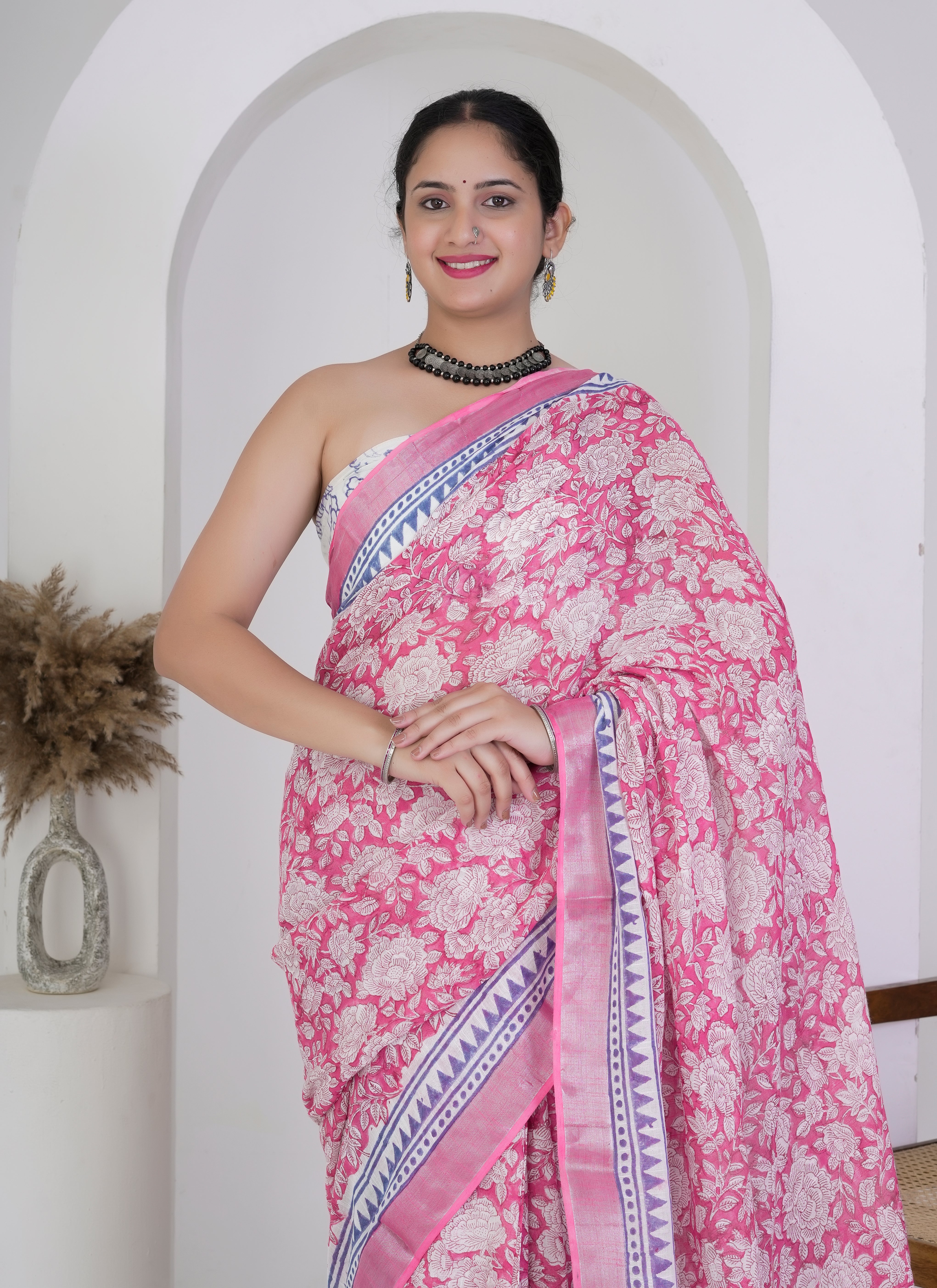 Pink and White Rose Floral Hand Block Printed Pure Linen Saree