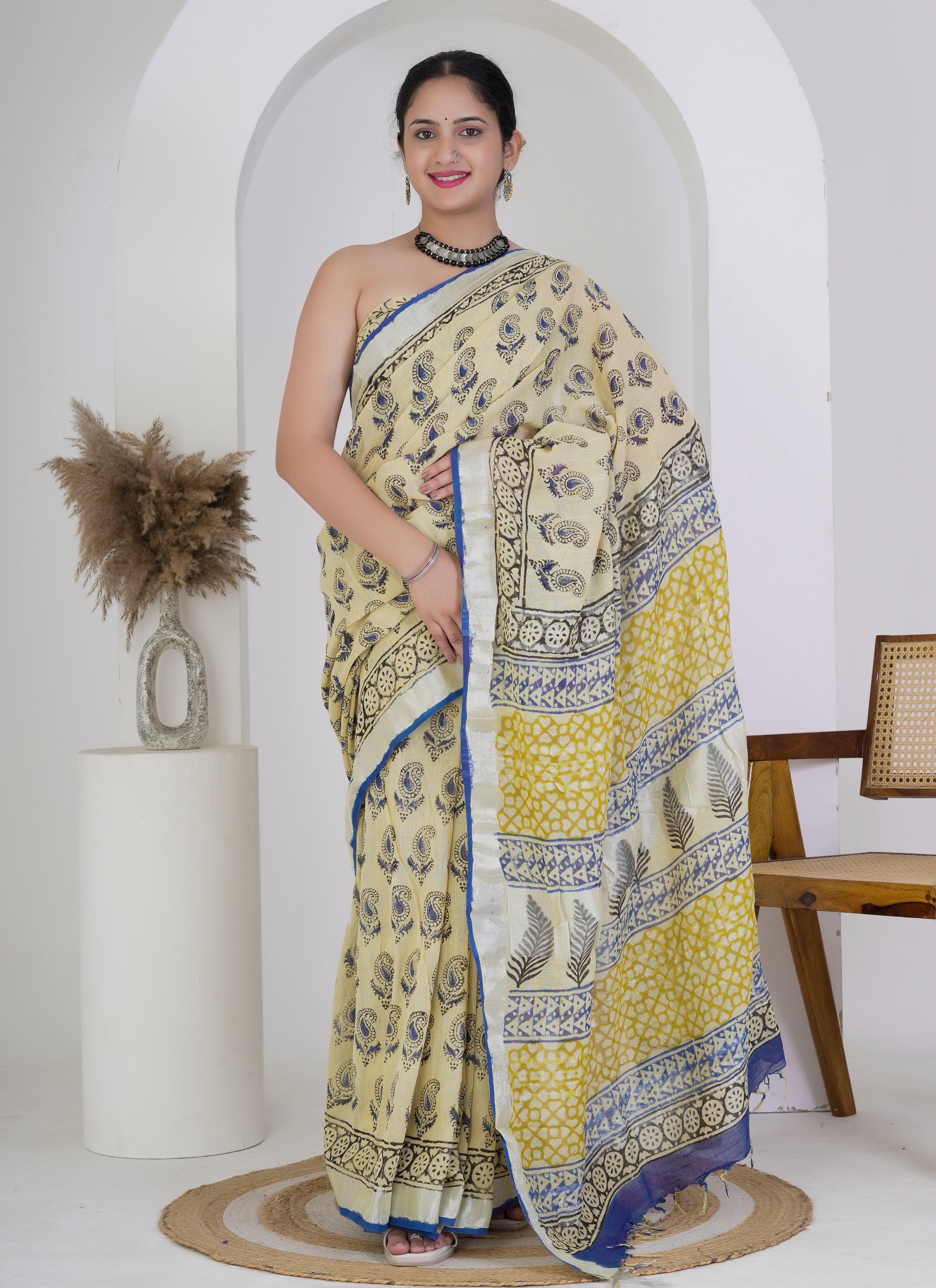 Yellow and Indigo Blue Paisley Hand Block Printed Pure Linen Saree