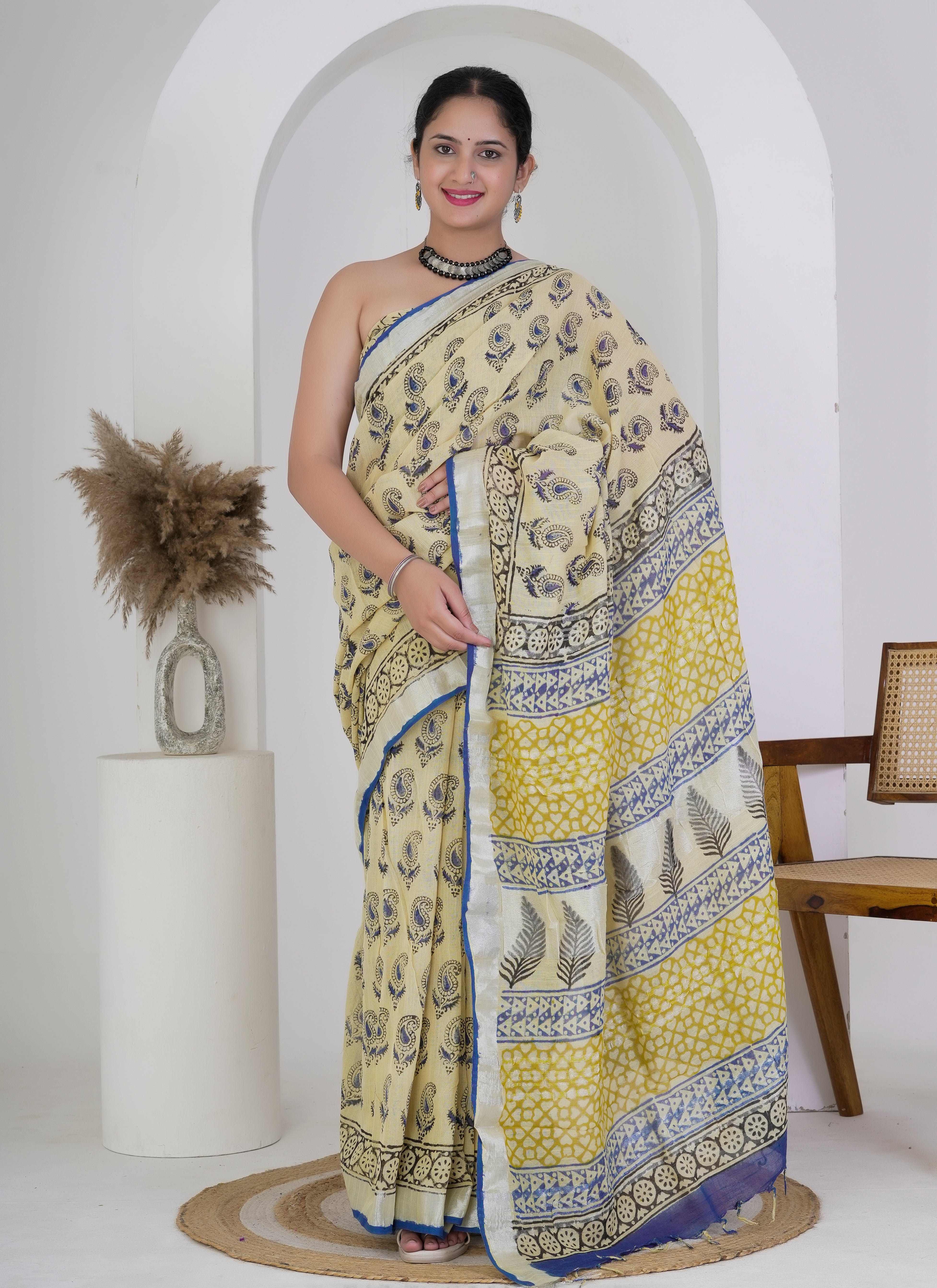 Yellow and Indigo Blue Paisley Hand Block Printed Pure Linen Saree