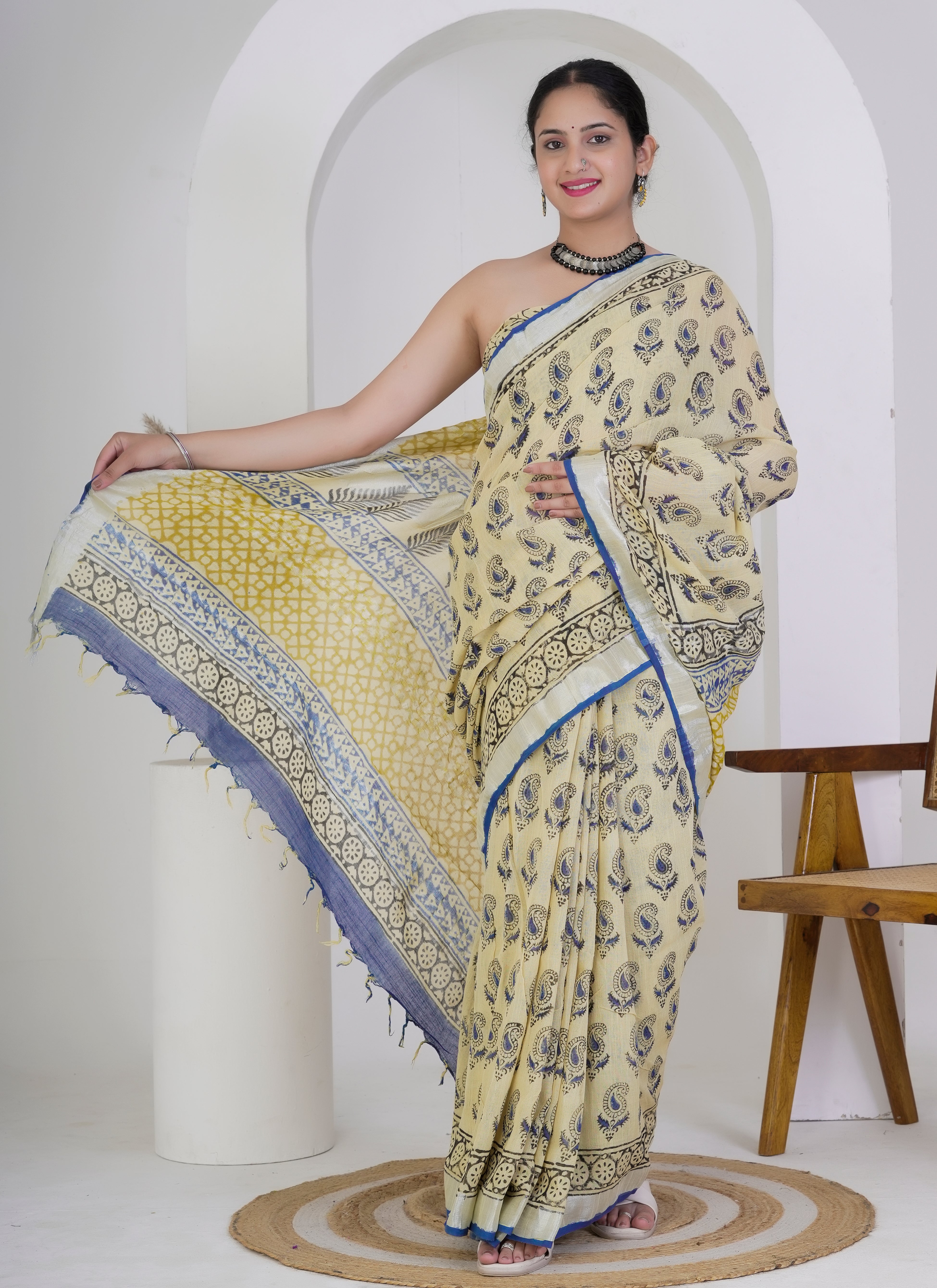 Yellow and Indigo Blue Paisley Hand Block Printed Pure Linen Saree