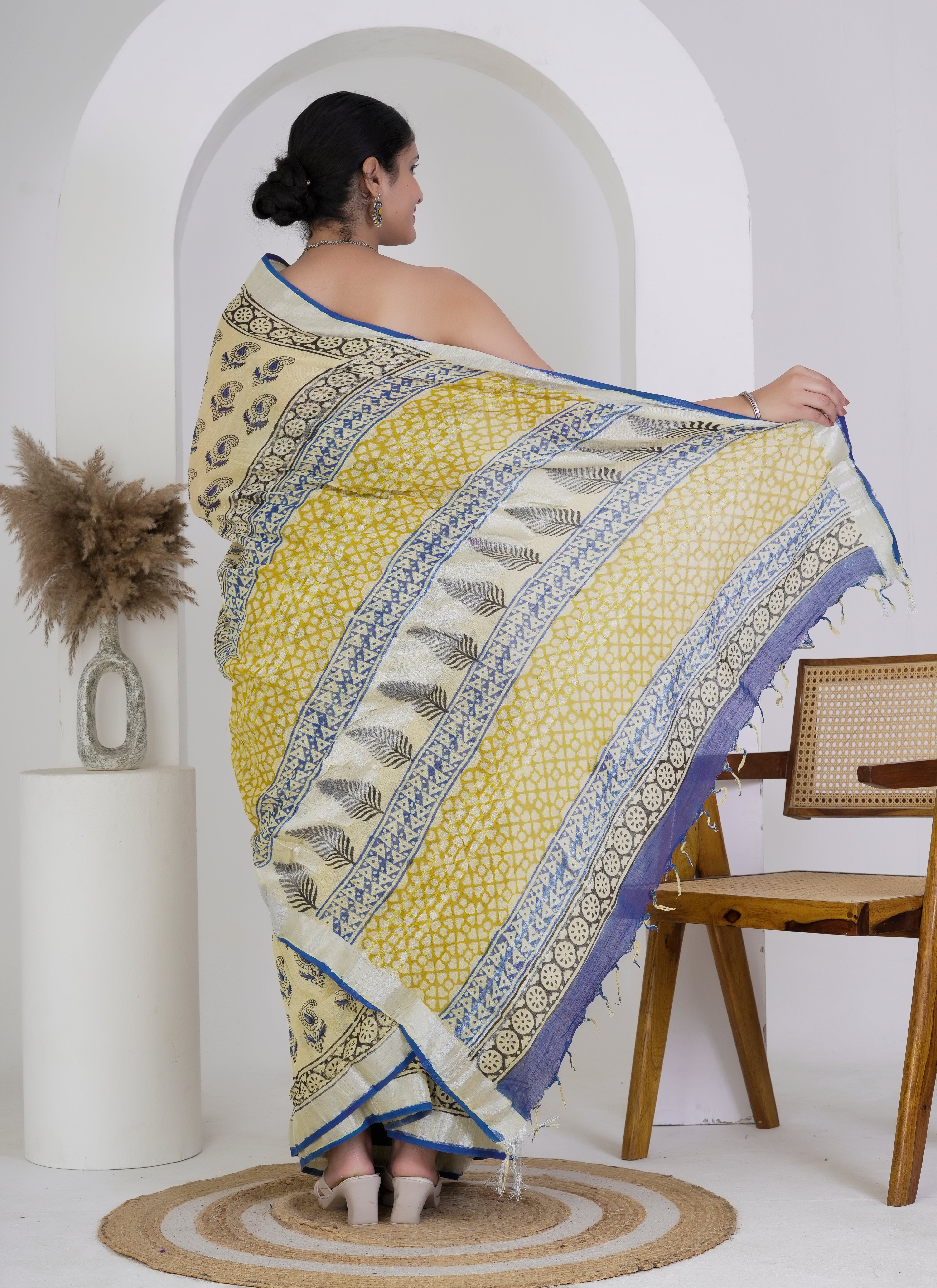 Yellow and Indigo Blue Paisley Hand Block Printed Pure Linen Saree