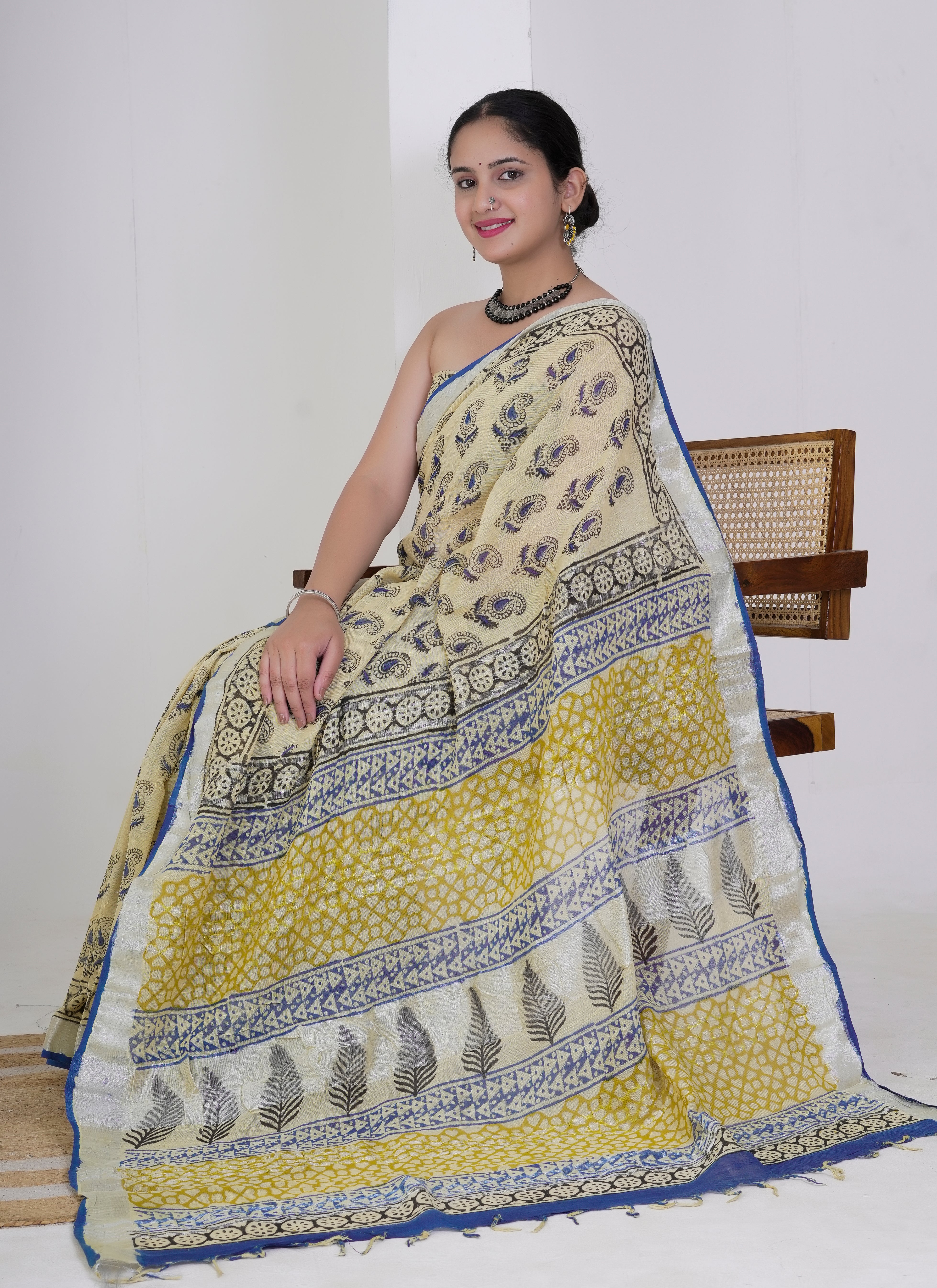 Yellow and Indigo Blue Paisley Hand Block Printed Pure Linen Saree