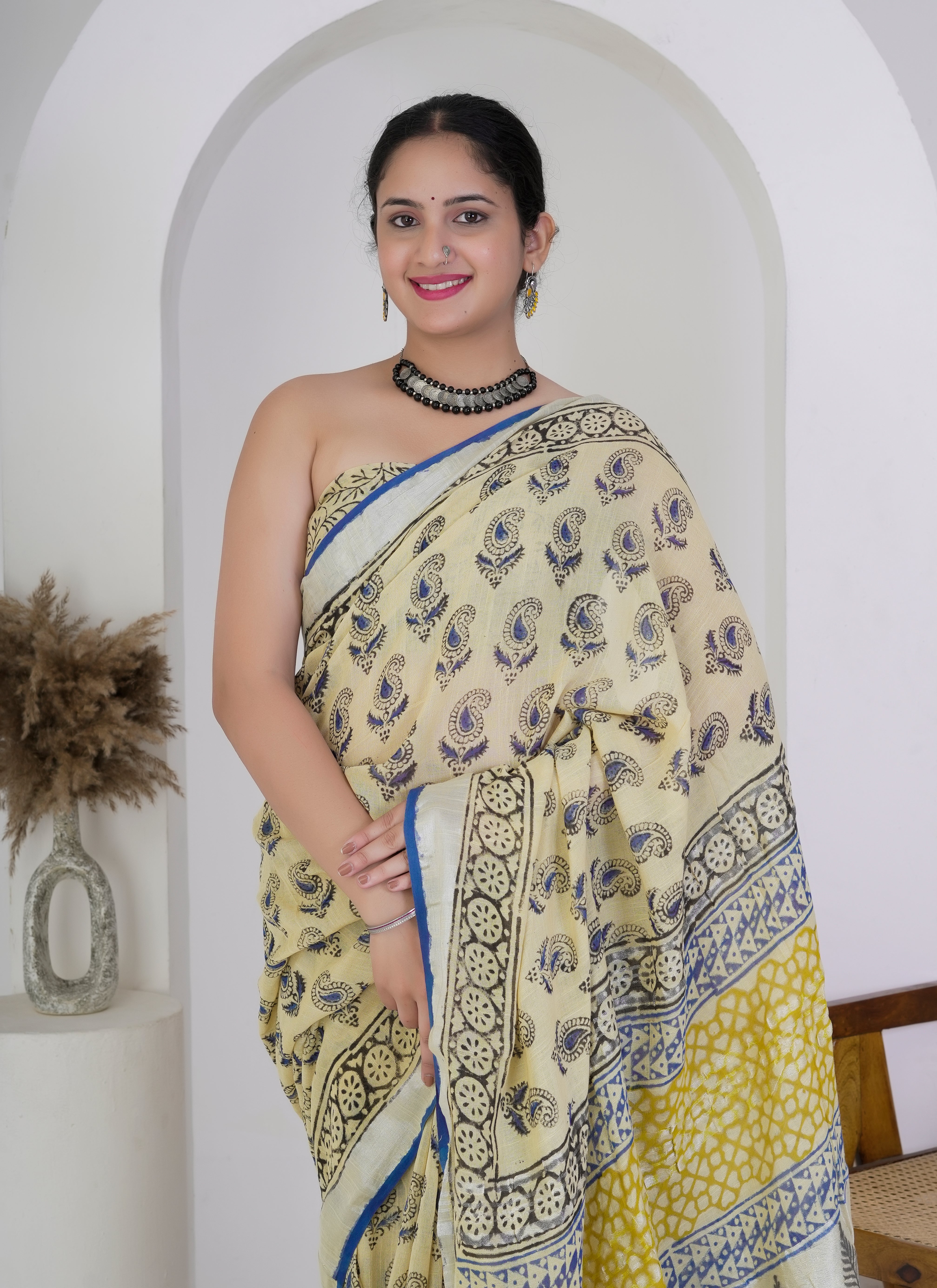 Yellow and Indigo Blue Paisley Hand Block Printed Pure Linen Saree
