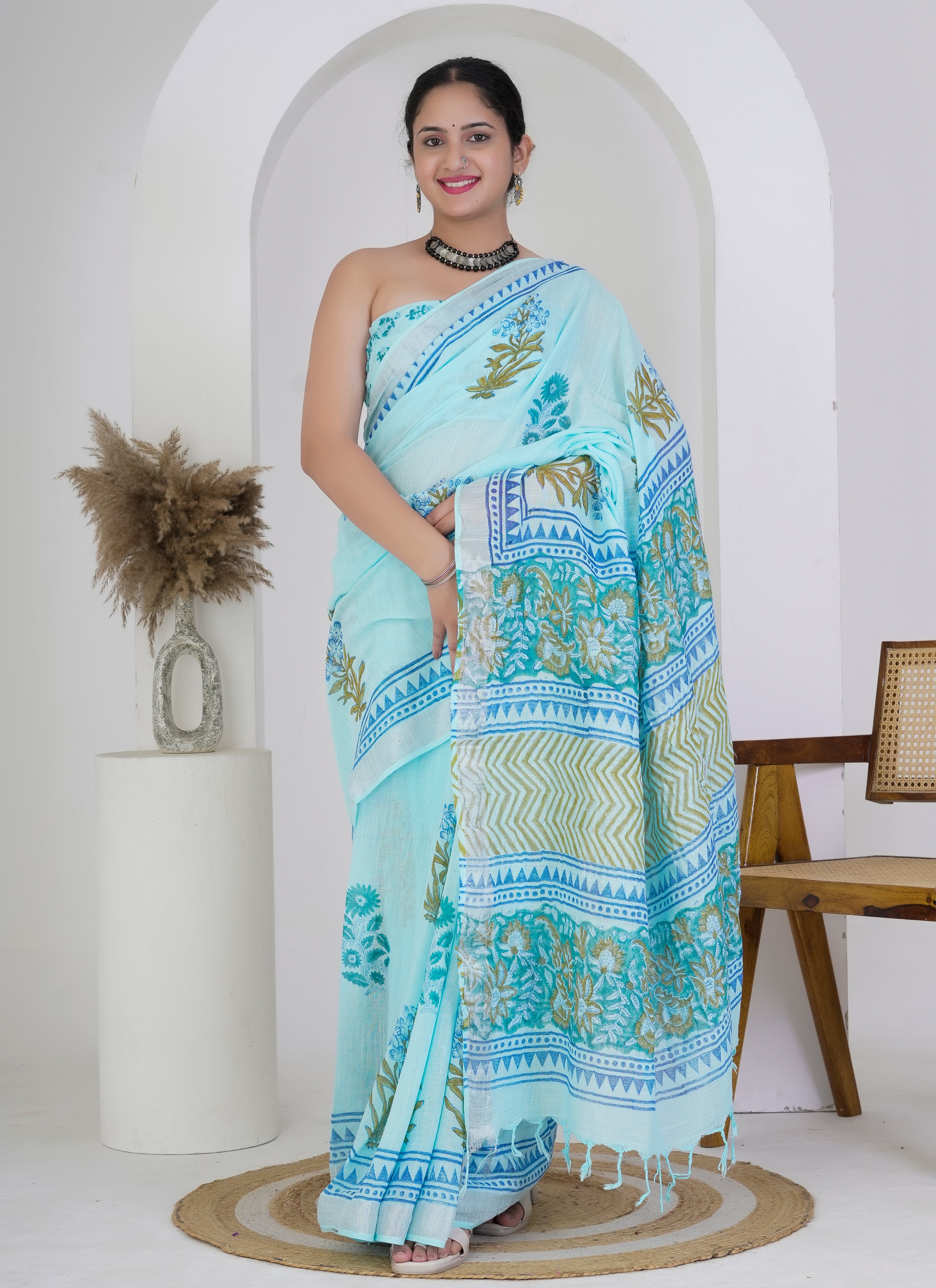 Sky Blue Floral Buti Hand Block Printed Pure Linen Saree