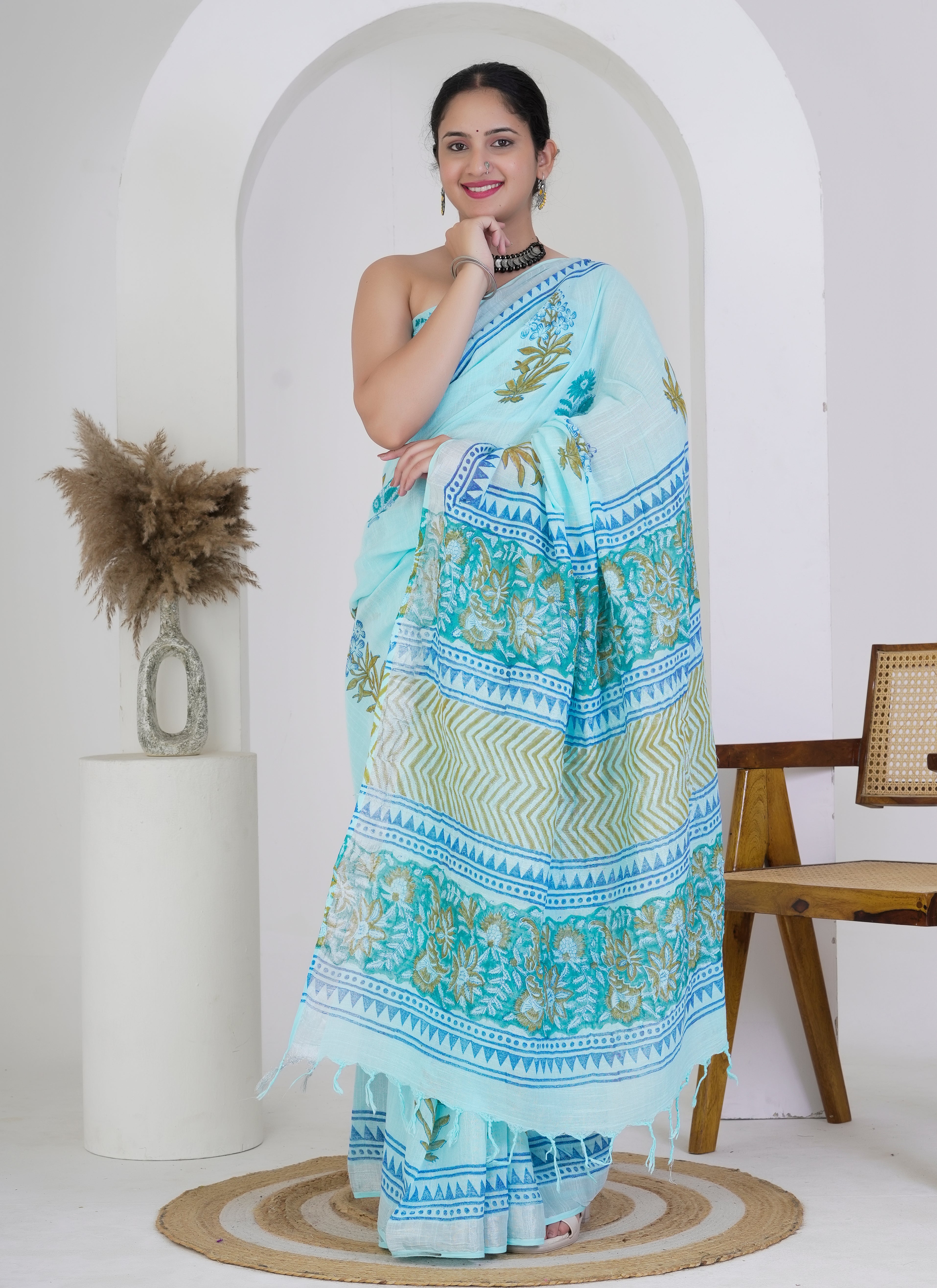 Sky Blue Floral Buti Hand Block Printed Pure Linen Saree