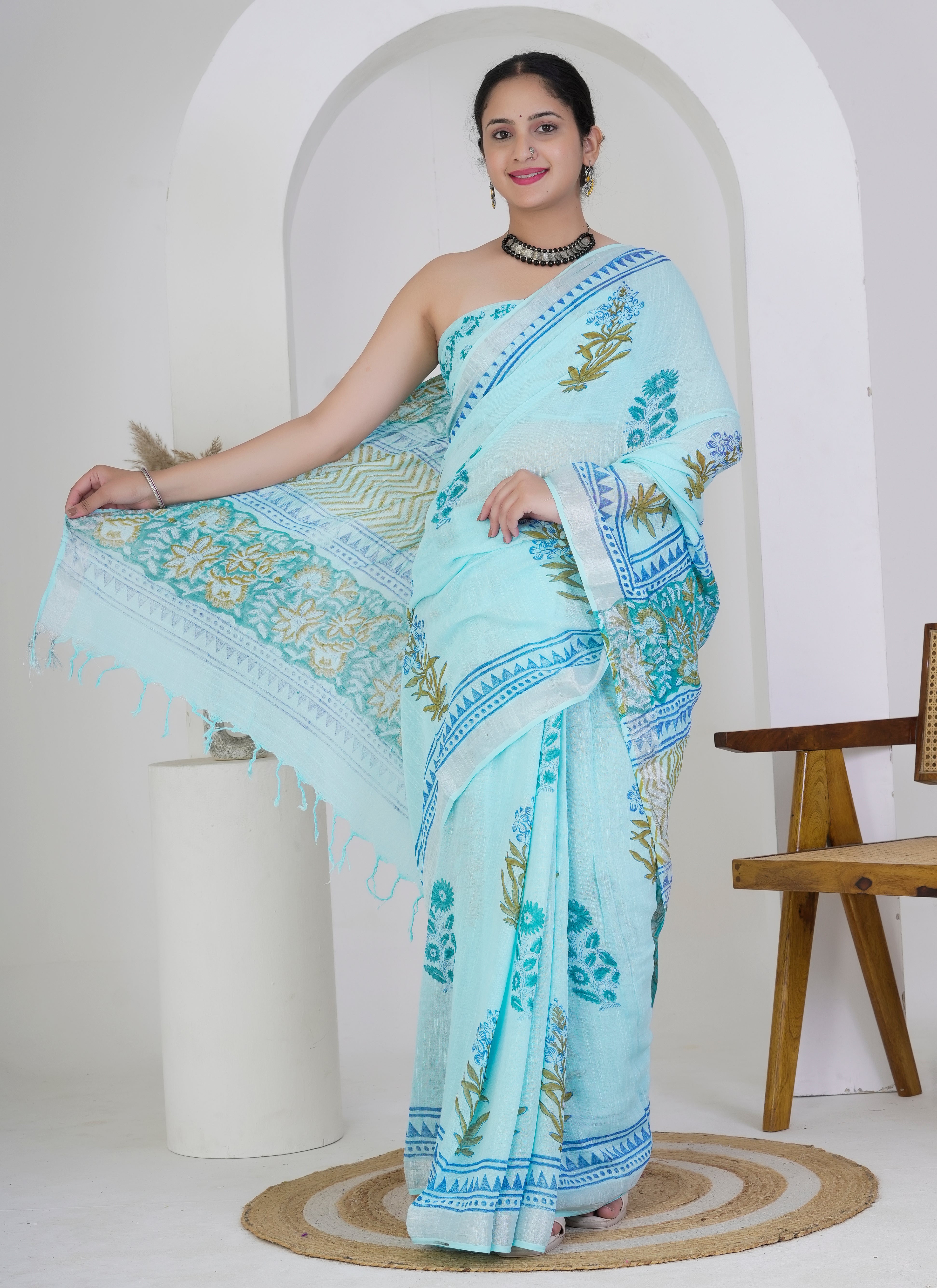 Sky Blue Floral Buti Hand Block Printed Pure Linen Saree