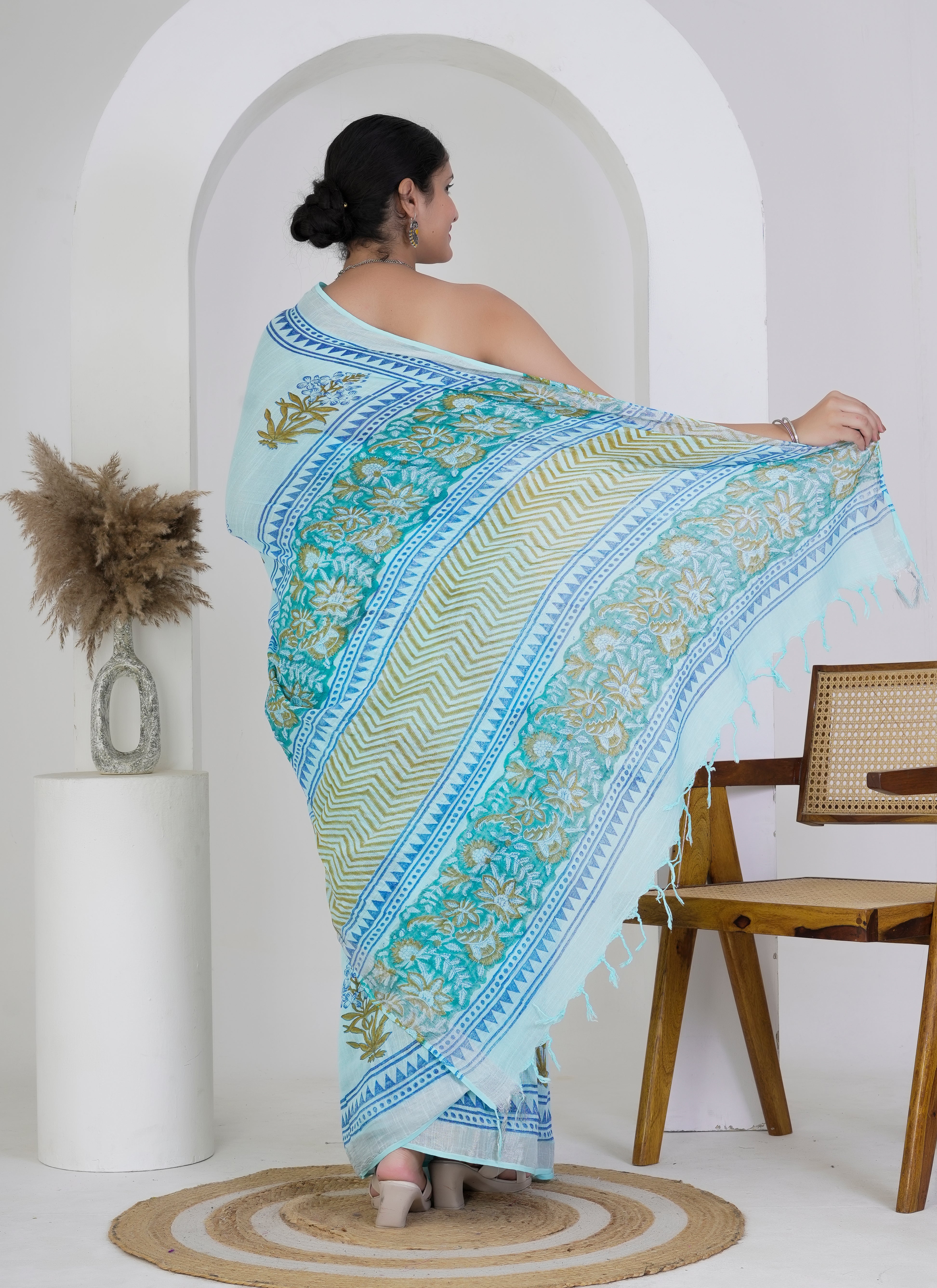 Sky Blue Floral Buti Hand Block Printed Pure Linen Saree