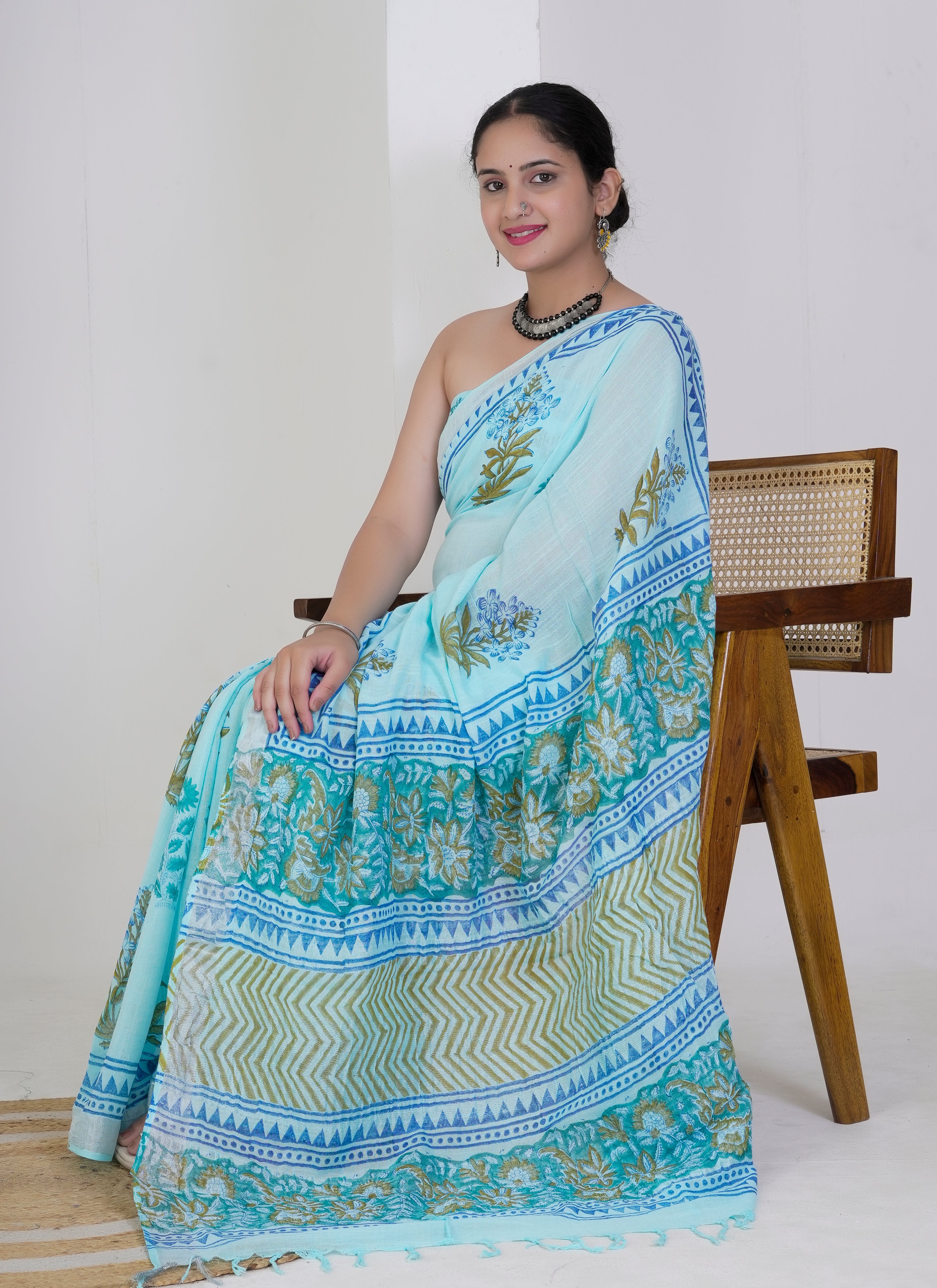 Sky Blue Floral Buti Hand Block Printed Pure Linen Saree