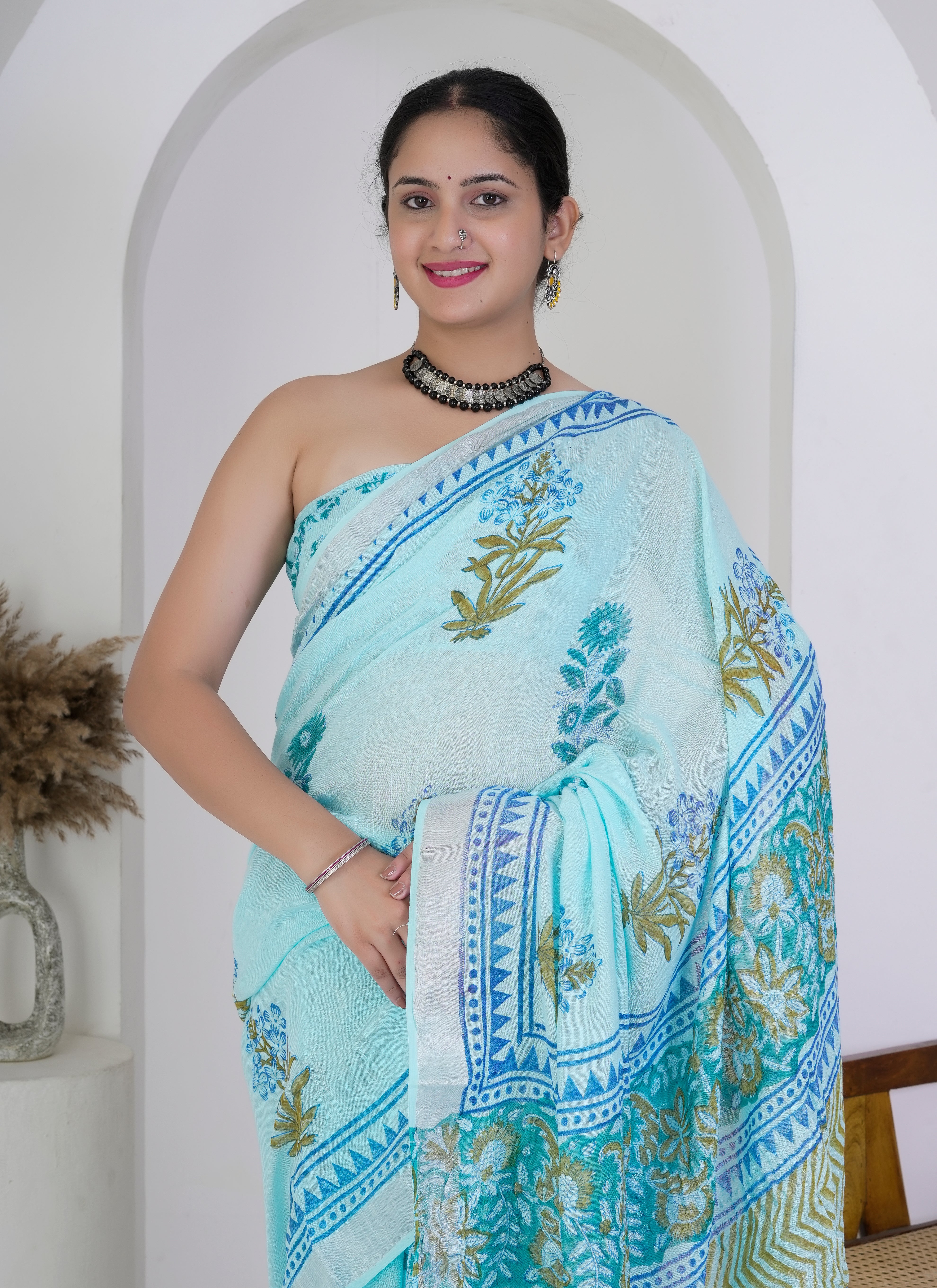 Sky Blue Floral Buti Hand Block Printed Pure Linen Saree