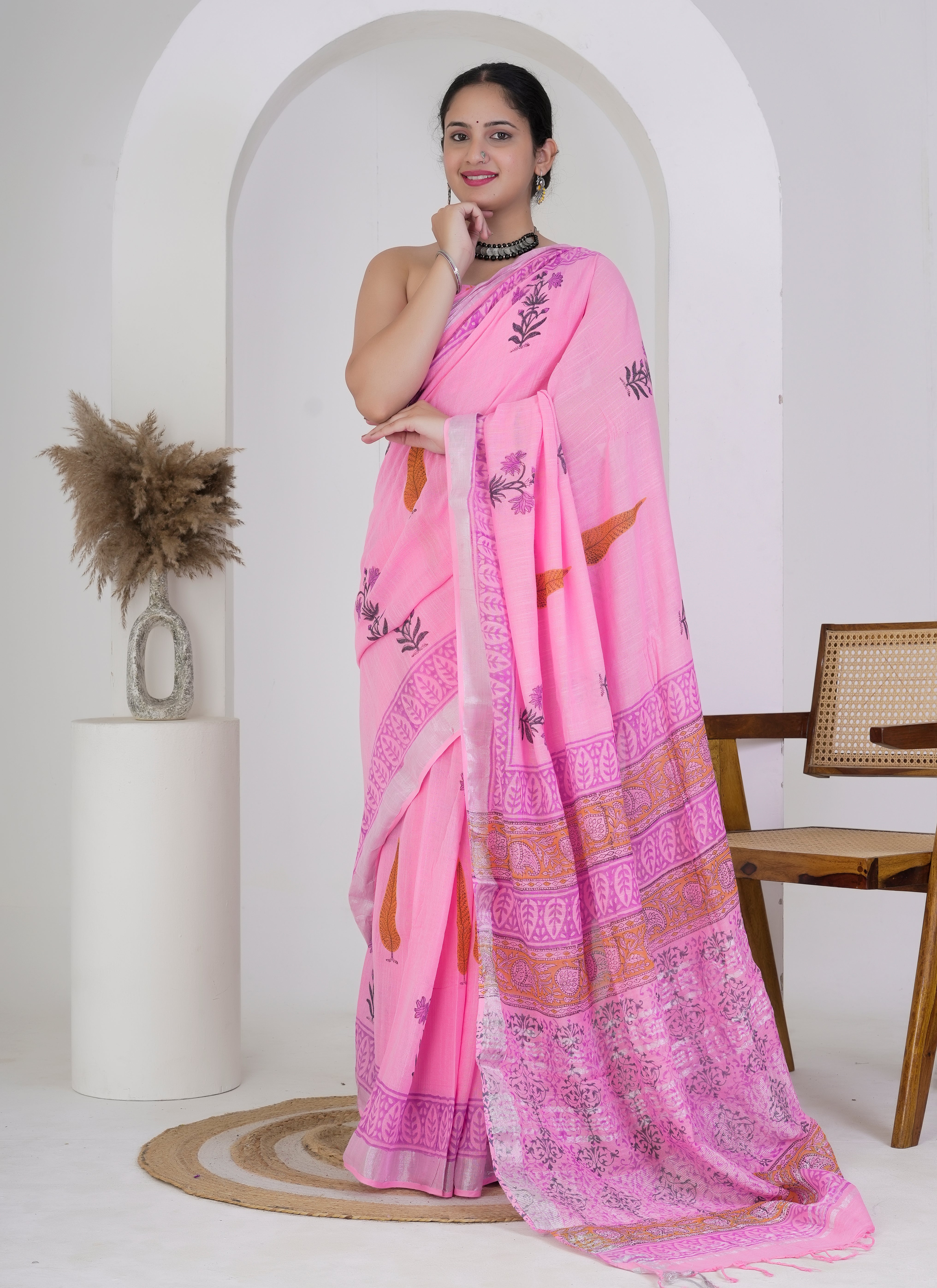 Blush Pink Leaf Motif Hand Block Printed Pure Linen Saree