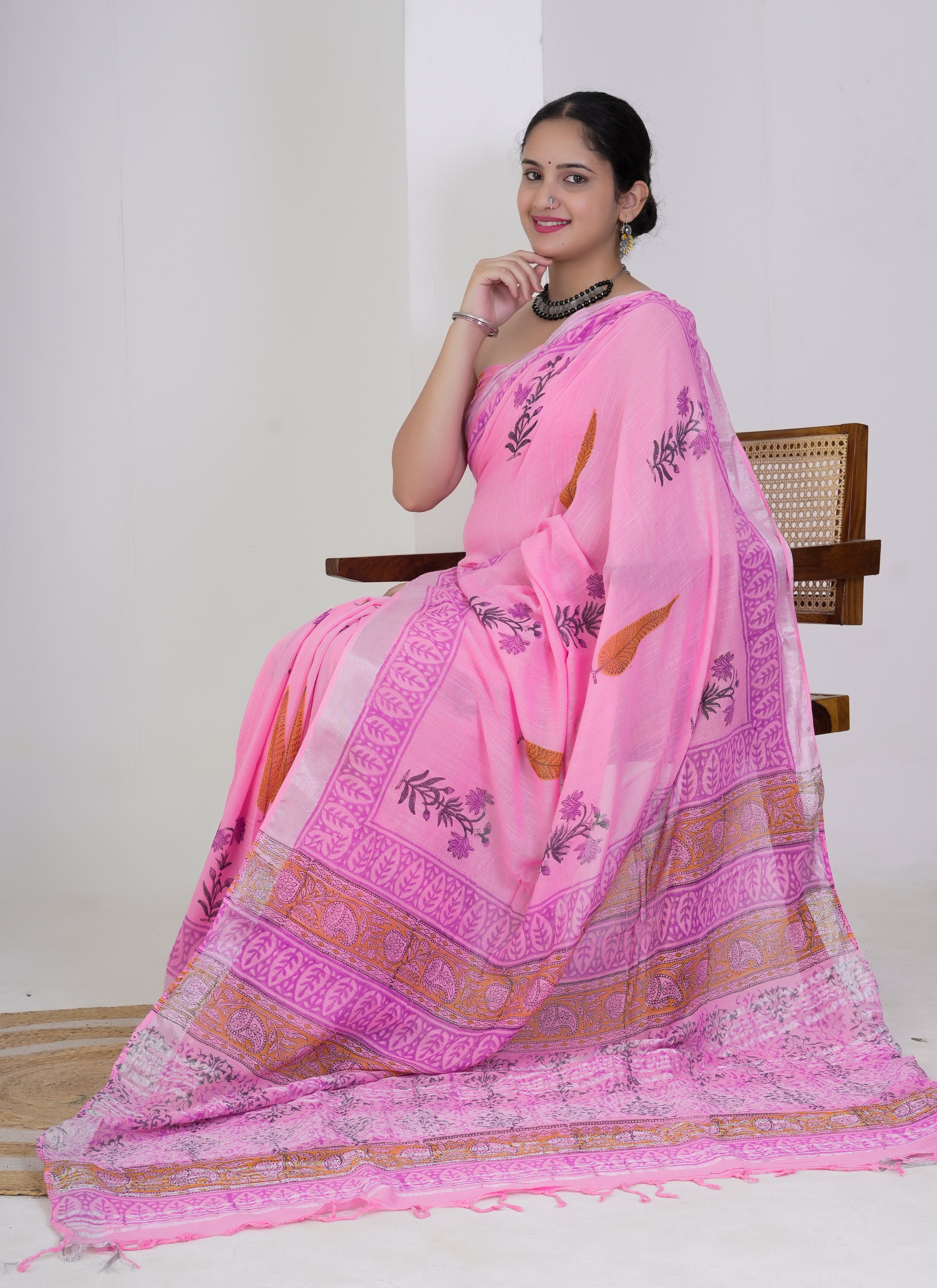 Blush Pink Leaf Motif Hand Block Printed Pure Linen Saree