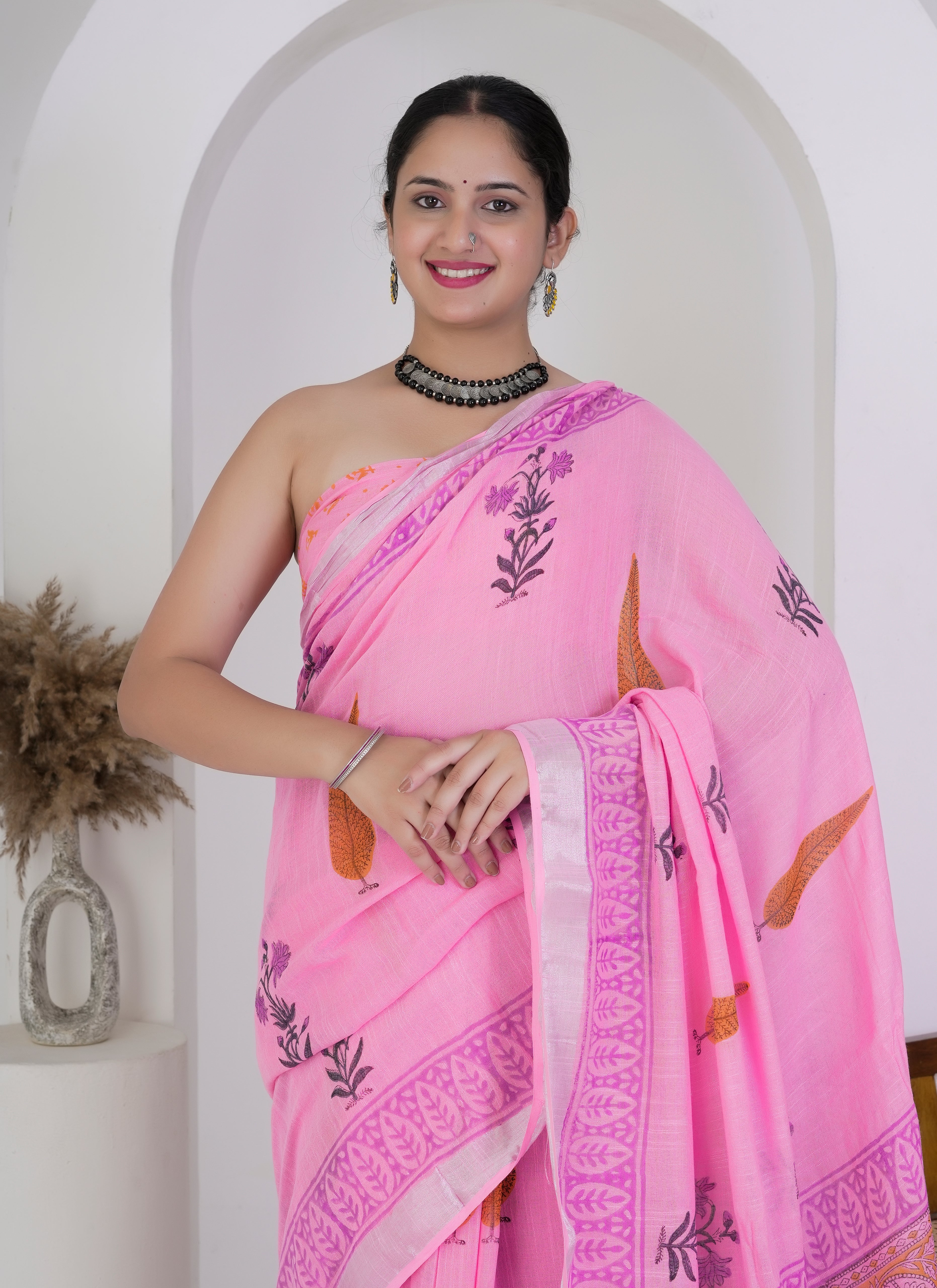 Blush Pink Leaf Motif Hand Block Printed Pure Linen Saree